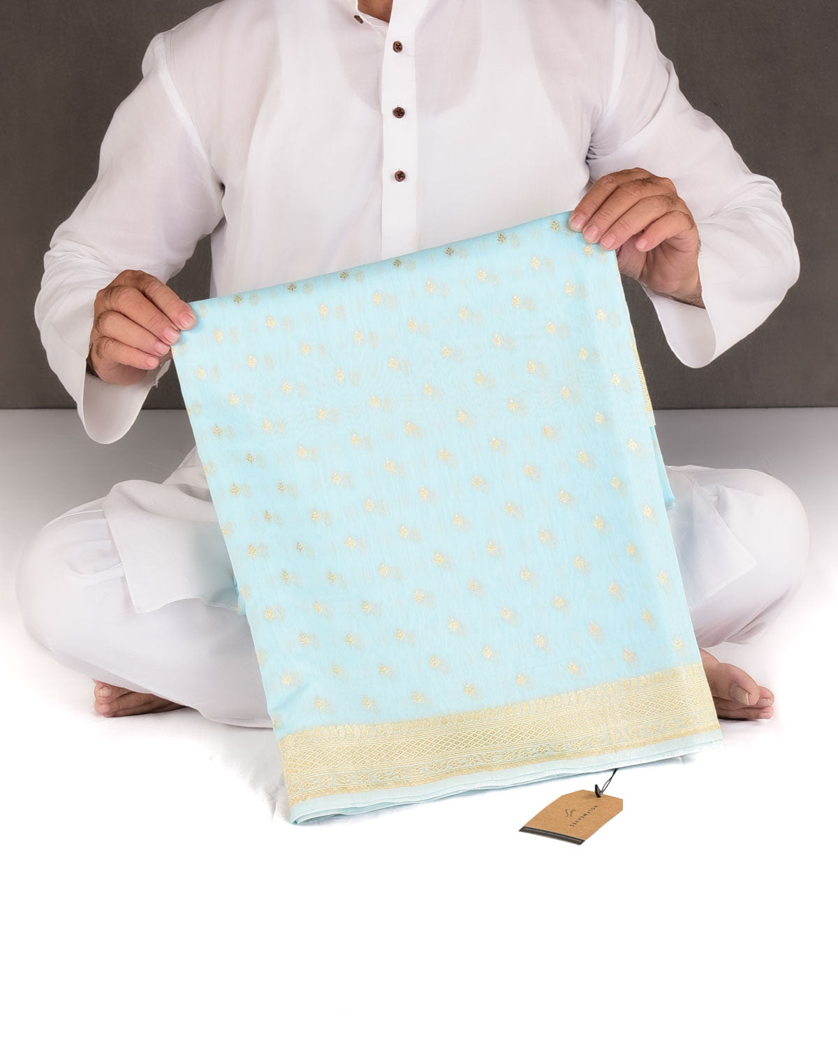 Ferozi Gold & Silver Zari Buti Cutwork Brocade Woven Cotton Silk Banarasi Saree