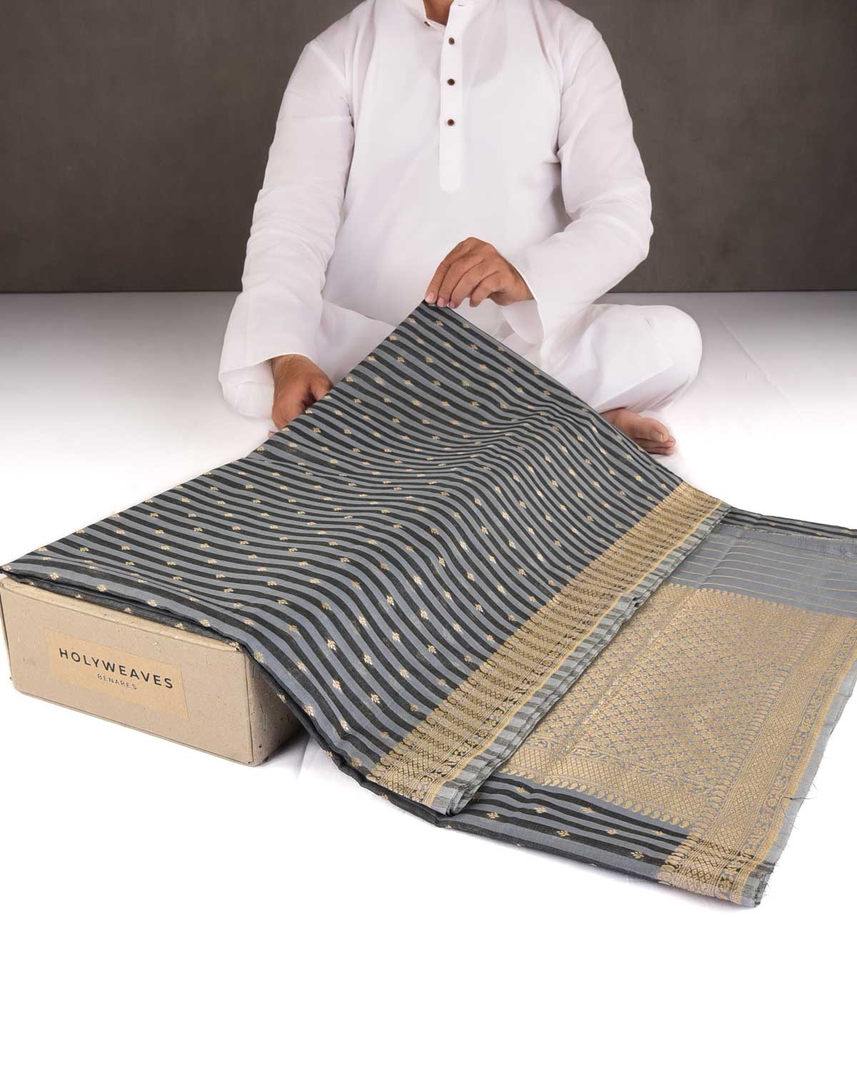 Striped Gray Gold & Silver Zari Buti Cutwork Brocade Woven Cotton Silk Banarasi Saree