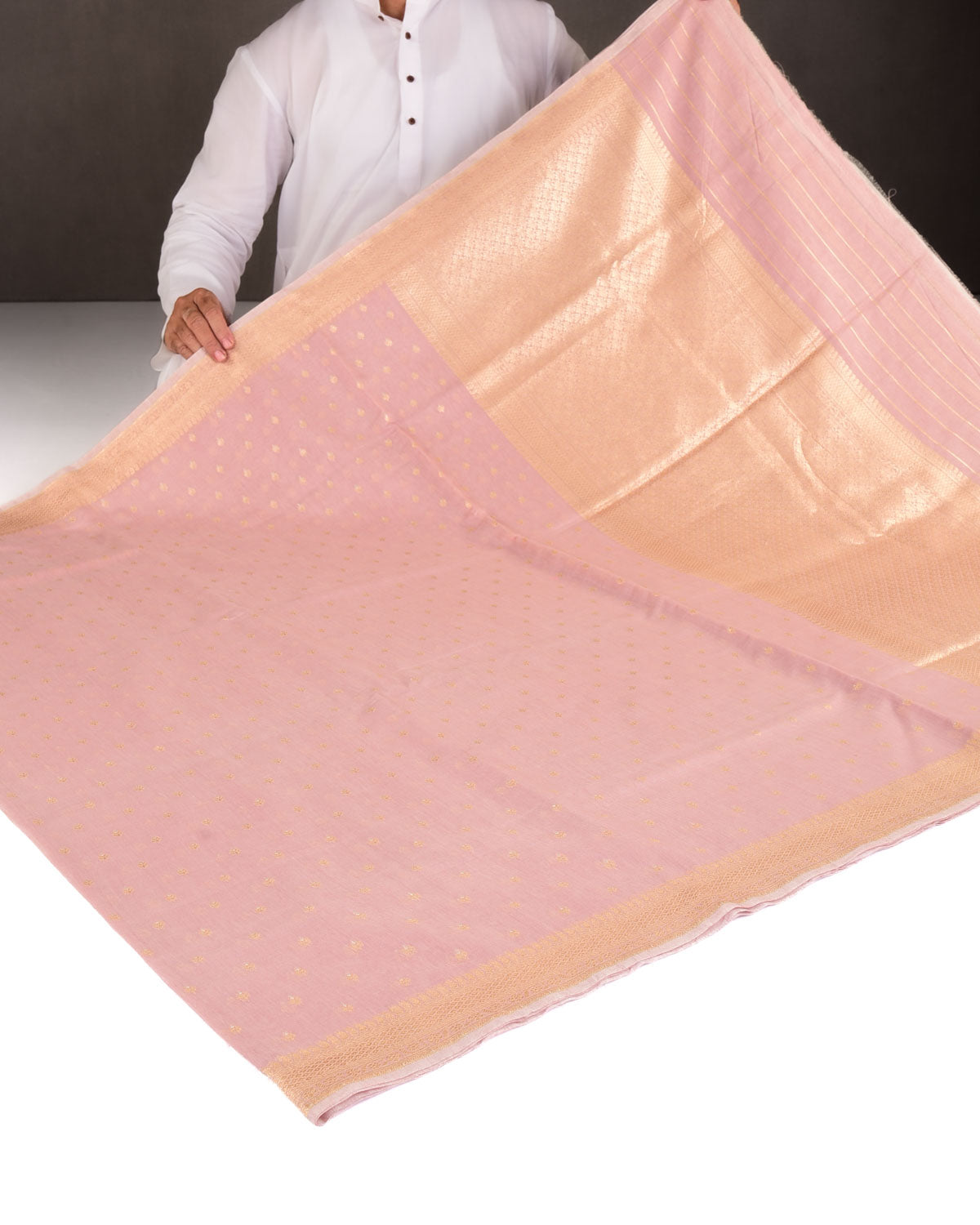 Rosy Brown Gold & Silver Zari Buti Cutwork Brocade Woven Cotton Silk Banarasi Saree
