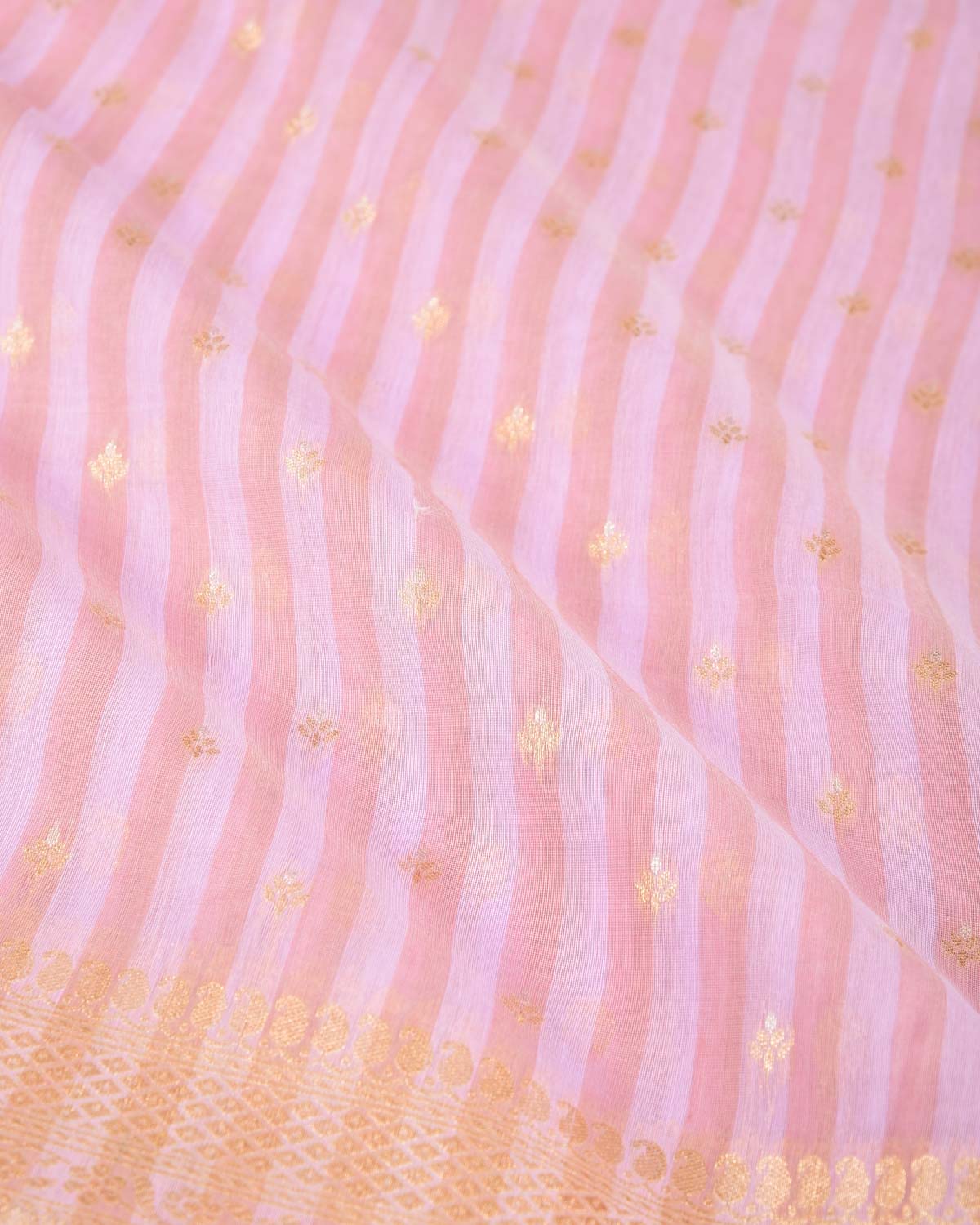 Striped Rosy Brown Gold & Silver Zari Buti Cutwork Brocade Woven Cotton Silk Banarasi Saree