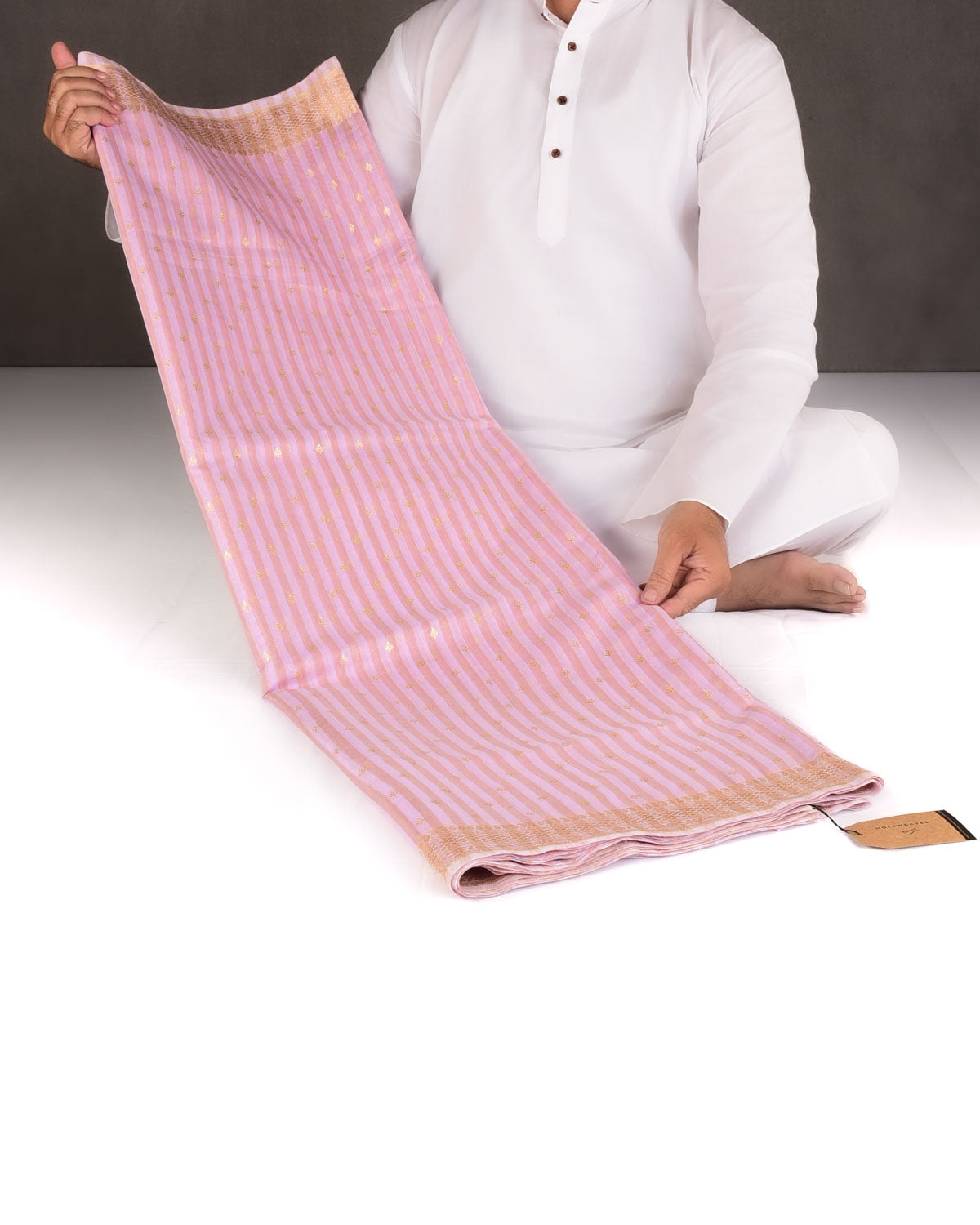 Striped Rosy Brown Gold & Silver Zari Buti Cutwork Brocade Woven Cotton Silk Banarasi Saree