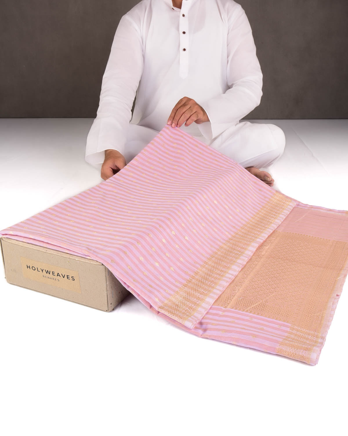 Striped Rosy Brown Gold & Silver Zari Buti Cutwork Brocade Woven Cotton Silk Banarasi Saree