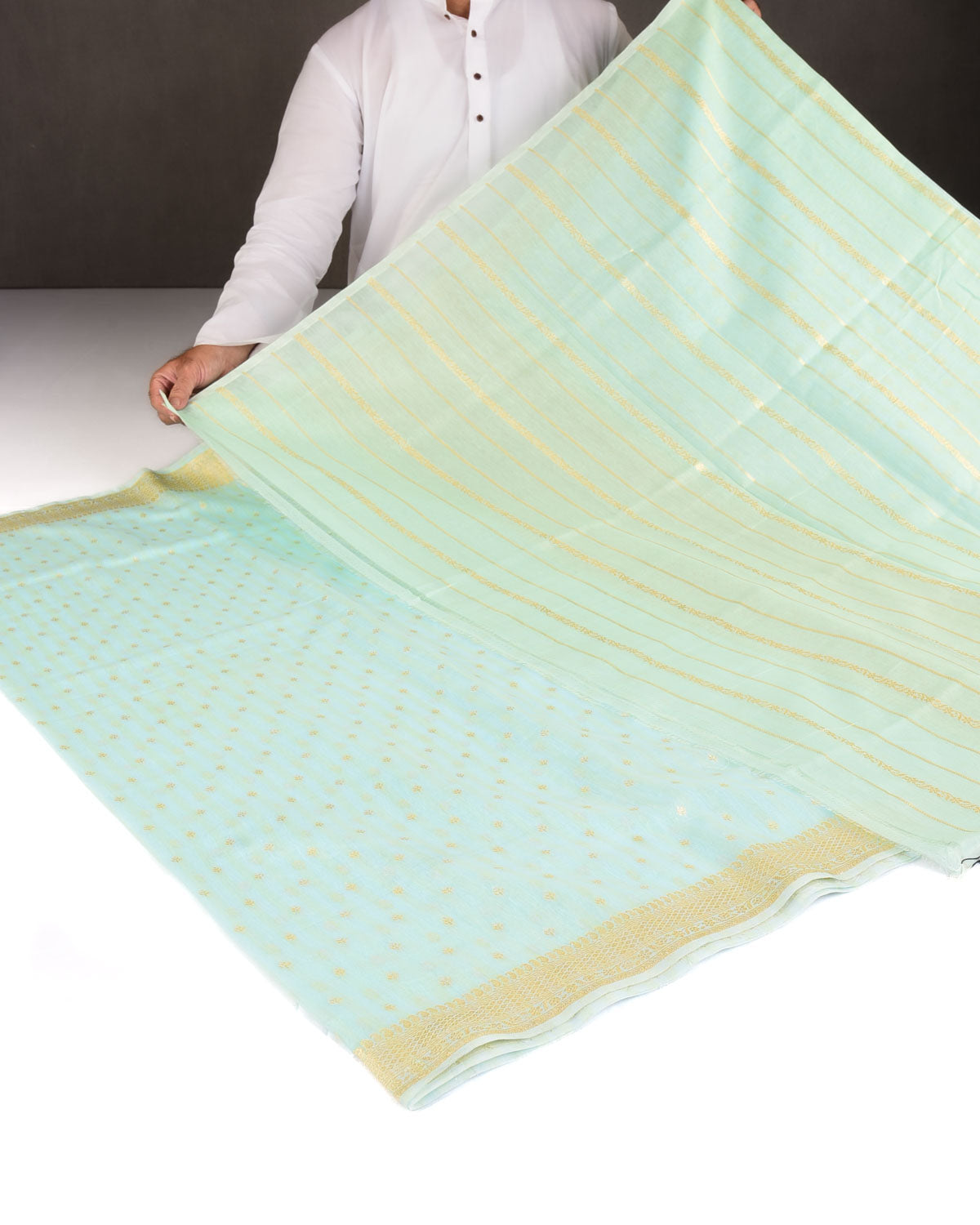 Striped Blue-Green Gold & Silver Zari Buti Cutwork Brocade Woven Cotton Silk Banarasi Saree
