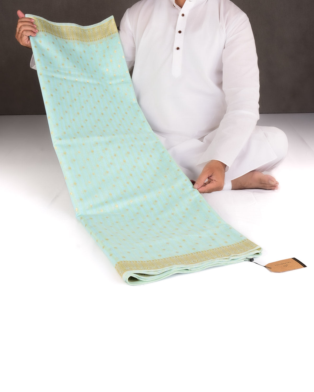Striped Blue-Green Gold & Silver Zari Buti Cutwork Brocade Woven Cotton Silk Banarasi Saree
