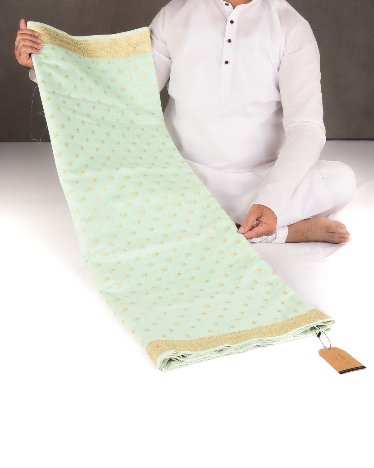 Green Gold & Silver Zari Buti Cutwork Brocade Woven Cotton Silk Banarasi Saree-HolyWeaves