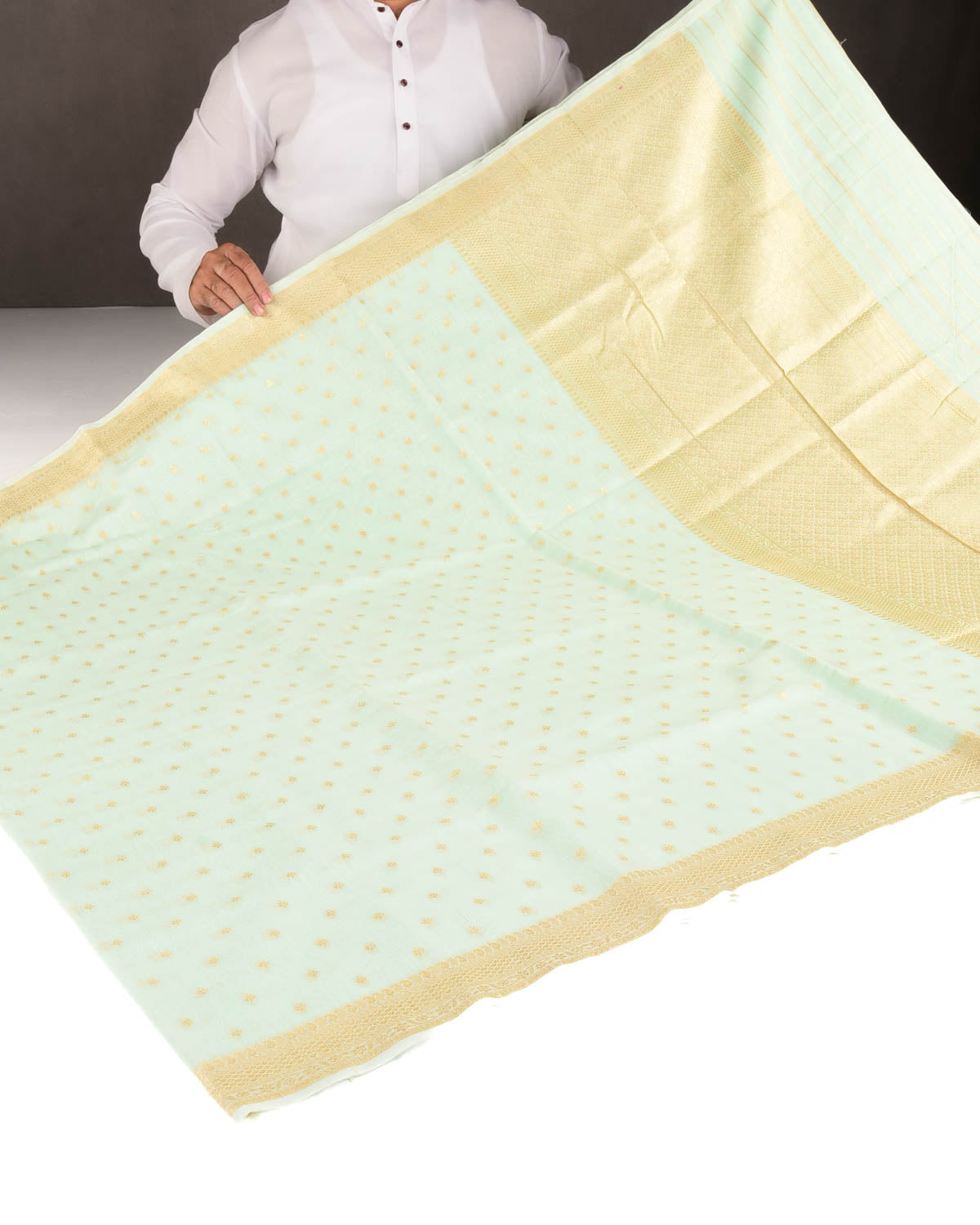 Green Gold & Silver Zari Buti Cutwork Brocade Woven Cotton Silk Banarasi Saree-HolyWeaves