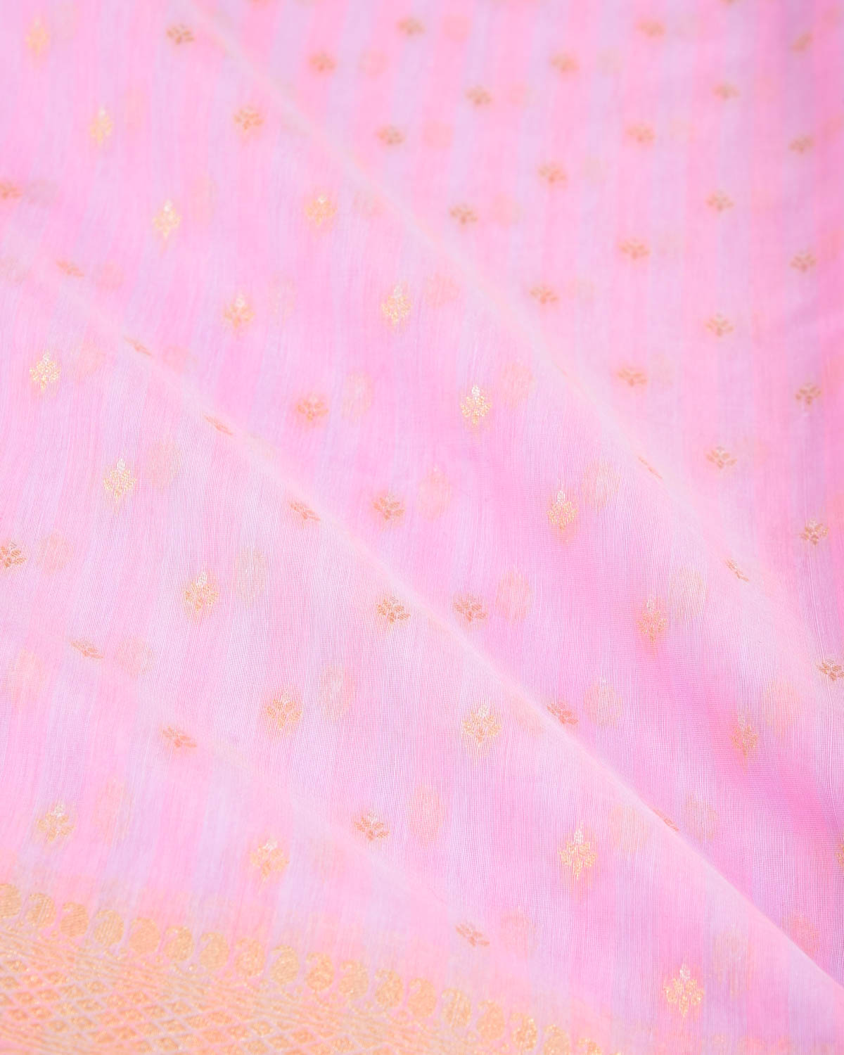 Striped Pink Gold & Silver Zari Buti Cutwork Brocade Woven Cotton Silk Banarasi Saree-HolyWeaves