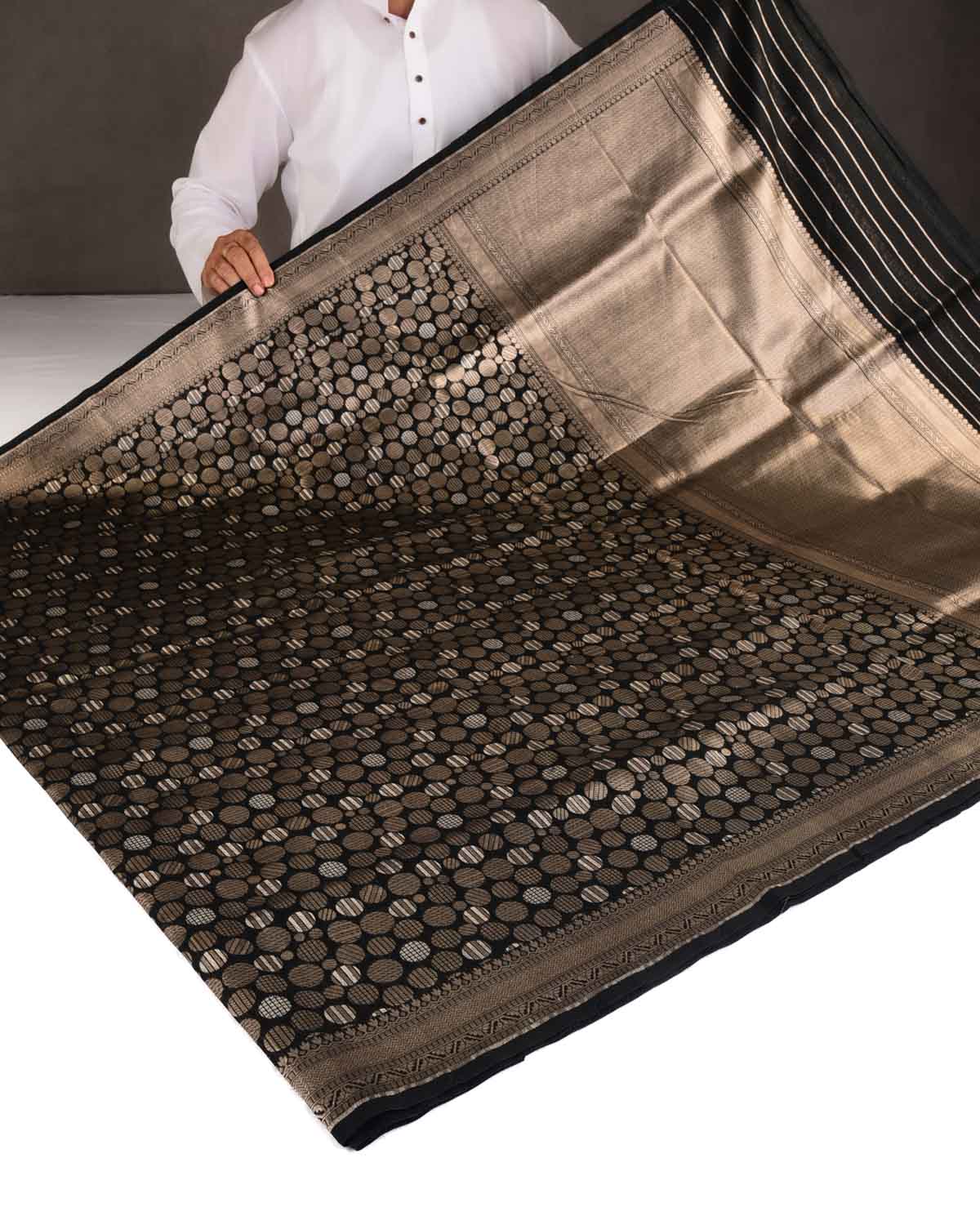 Black Gold & Silver Zari Spheres Cutwork Brocade Woven Cotton Silk Banarasi Saree