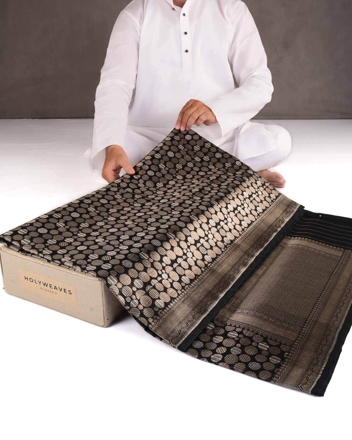 Black Gold & Silver Zari Spheres Cutwork Brocade Woven Cotton Silk Banarasi Saree