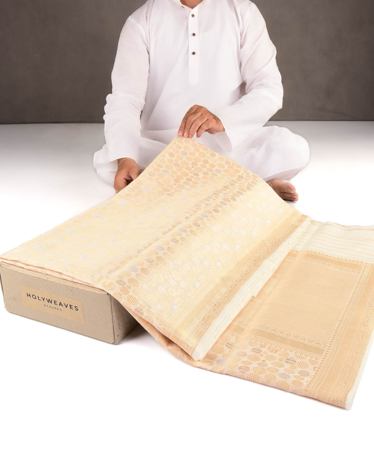 Ivory White Gold & Silver Zari Spheres Cutwork Brocade Woven Cotton Silk Banarasi Saree