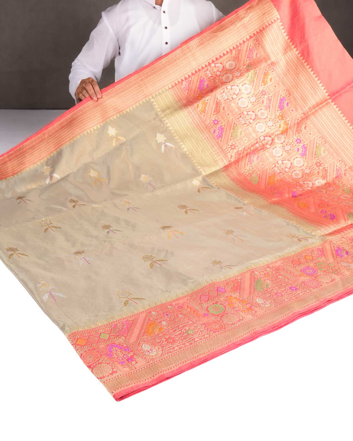Metallic Green Gold & Silver Zari Buta Kadhuan Brocade Handwoven KatanTissue Banarasi Saree with Meenekari Border Pallu