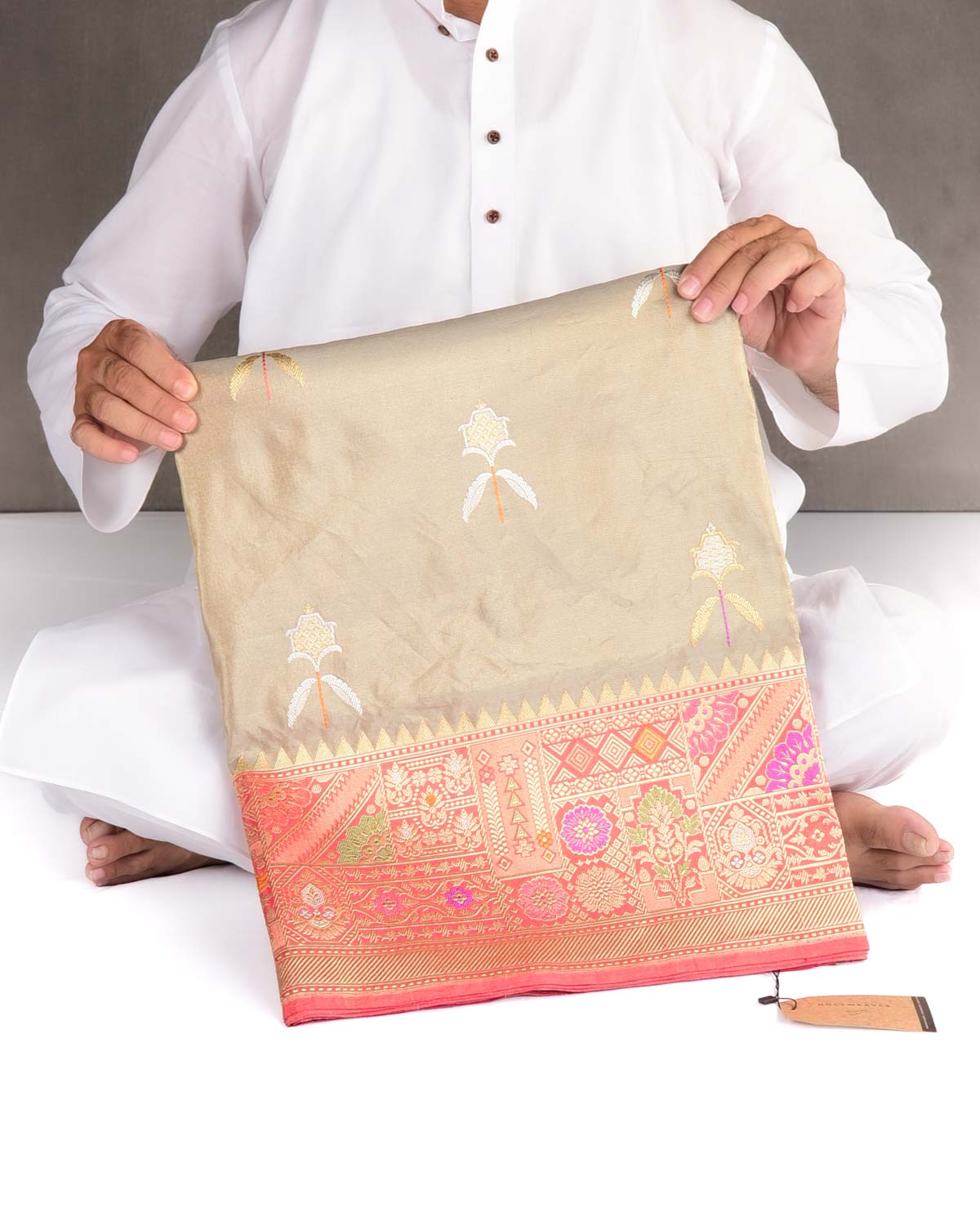 Metallic Green Gold & Silver Zari Buta Kadhuan Brocade Handwoven KatanTissue Banarasi Saree with Meenekari Border Pallu