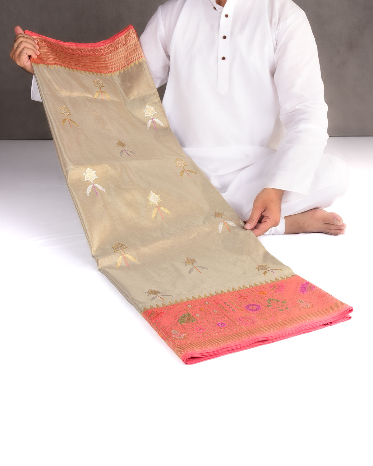 Metallic Green Gold & Silver Zari Buta Kadhuan Brocade Handwoven KatanTissue Banarasi Saree with Meenekari Border Pallu