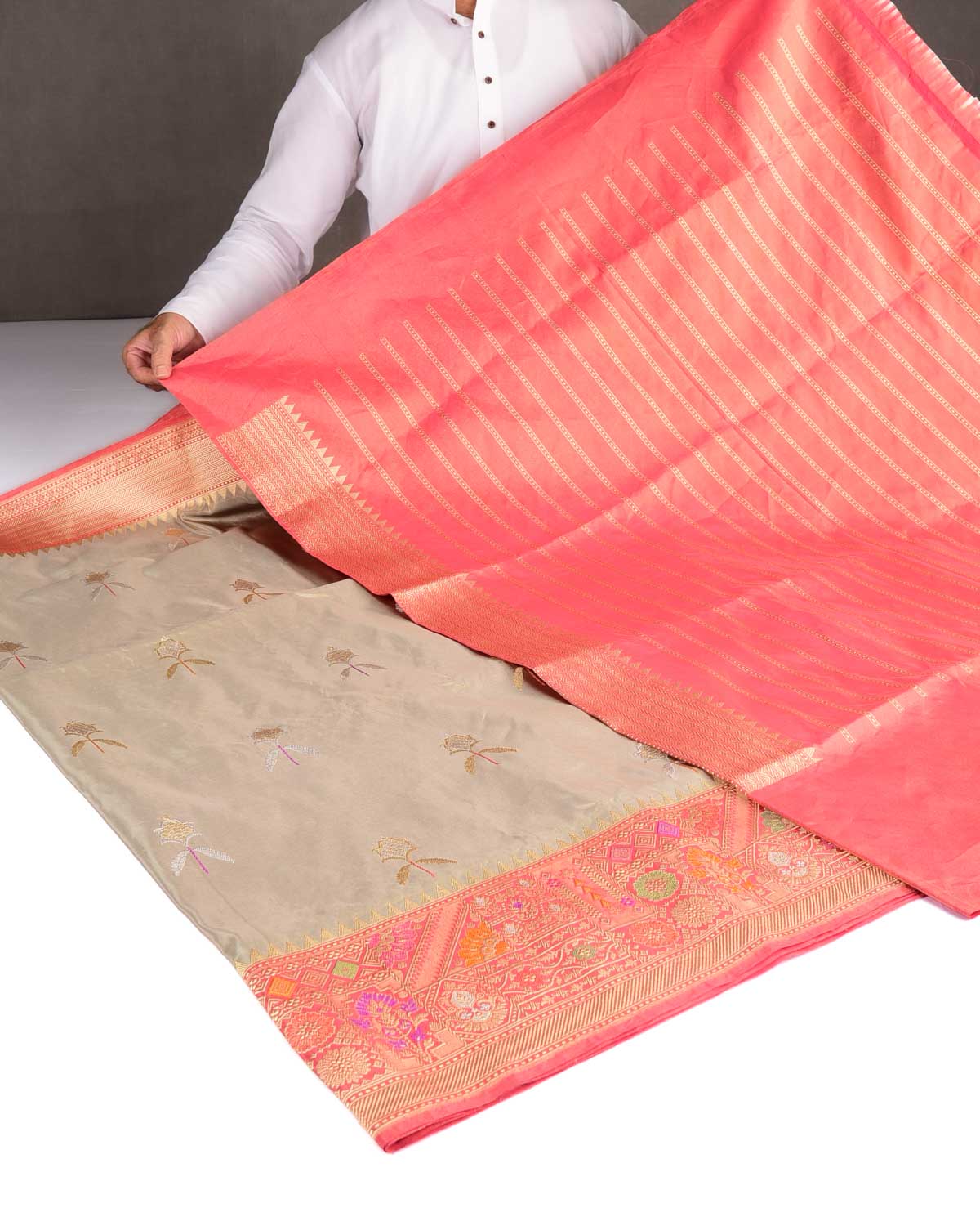Metallic Green Gold & Silver Zari Buta Kadhuan Brocade Handwoven KatanTissue Banarasi Saree with Meenekari Border Pallu