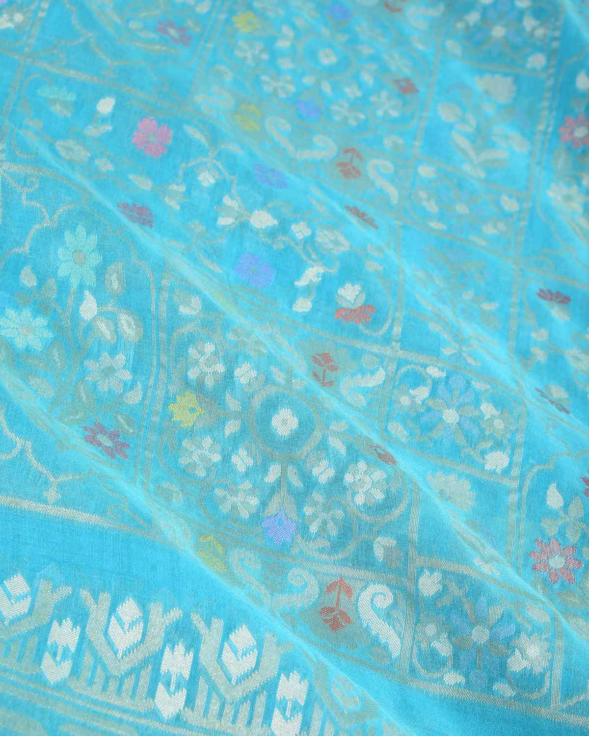 Blue Nilambari Resham And Zari Jamdani Ektara Cutwork Brocade Handwoven Cotton Banarasi Saree