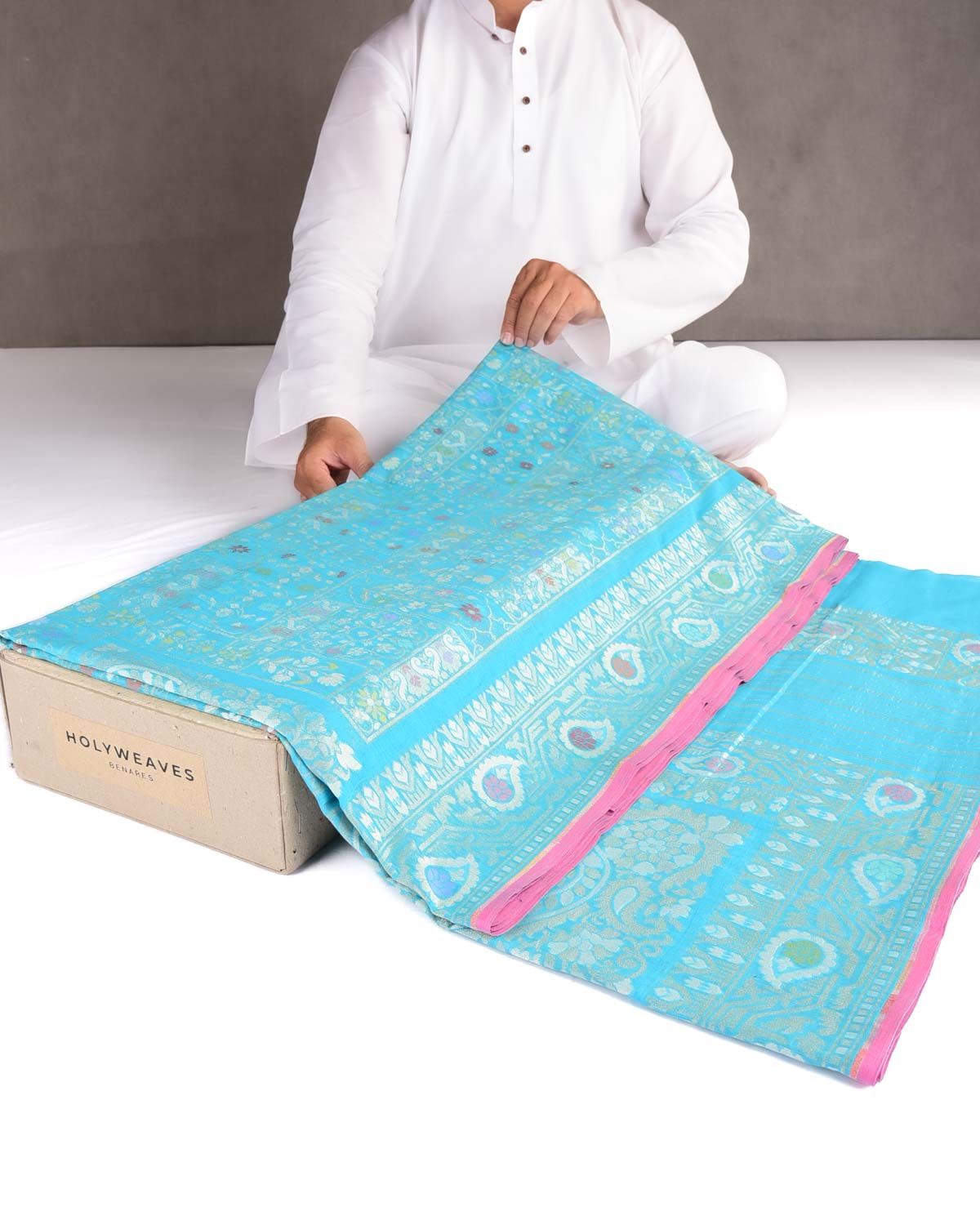 Blue Nilambari Resham And Zari Jamdani Ektara Cutwork Brocade Handwoven Cotton Banarasi Saree