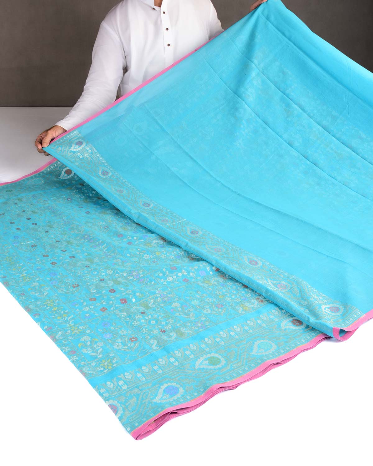 Blue Nilambari Resham And Zari Jamdani Ektara Cutwork Brocade Handwoven Cotton Banarasi Saree