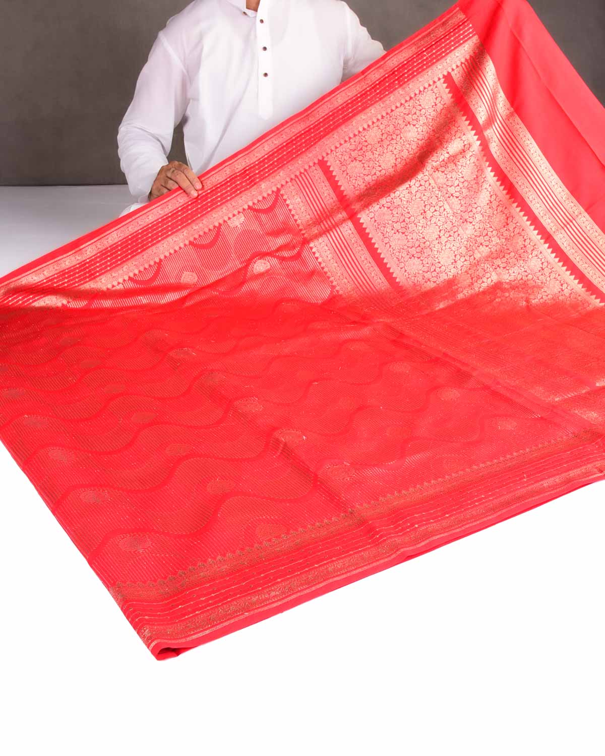 Bridal Red Gold & Silver Zari Brocade Woven Spun Silk Banarasi Saree