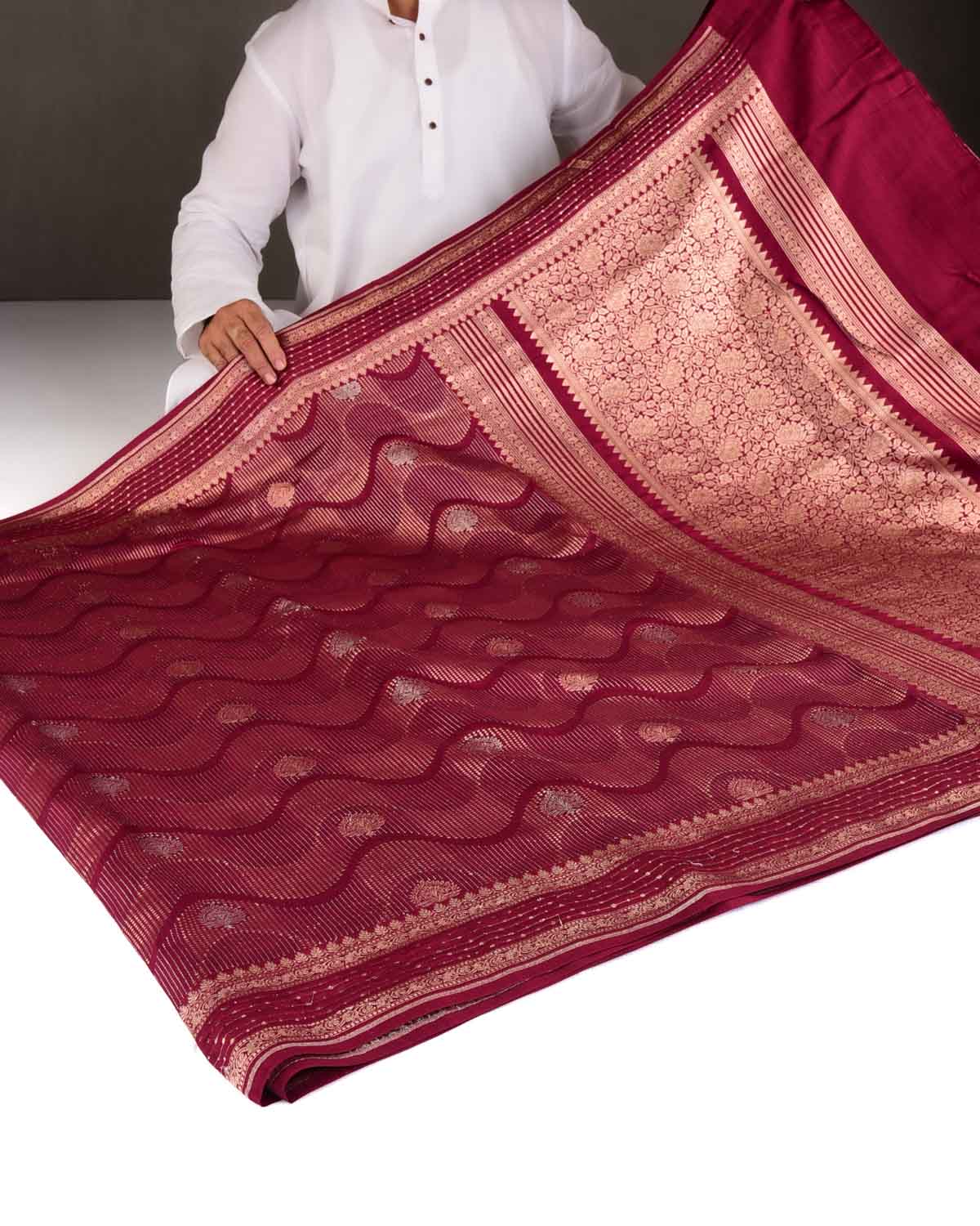 Maroon Gold & Silver Zari Brocade Woven Spun Silk Banarasi Saree