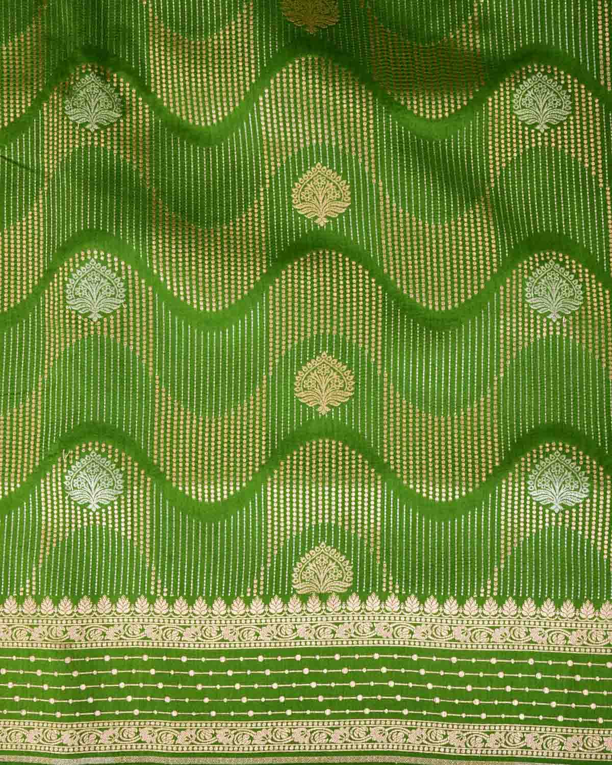 Green Gold & Silver Zari Brocade Woven Spun Silk Banarasi Saree