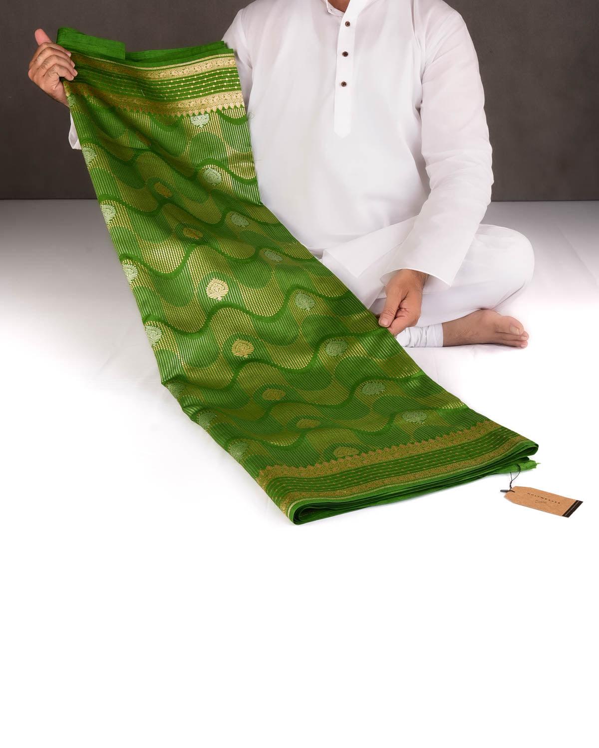 Green Gold & Silver Zari Brocade Woven Spun Silk Banarasi Saree