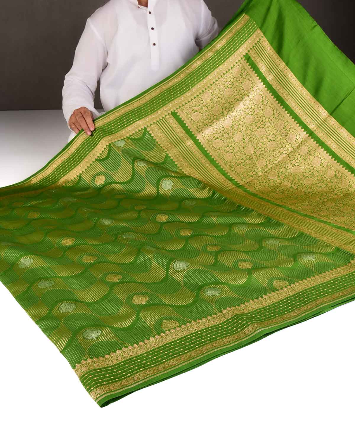 Green Gold & Silver Zari Brocade Woven Spun Silk Banarasi Saree