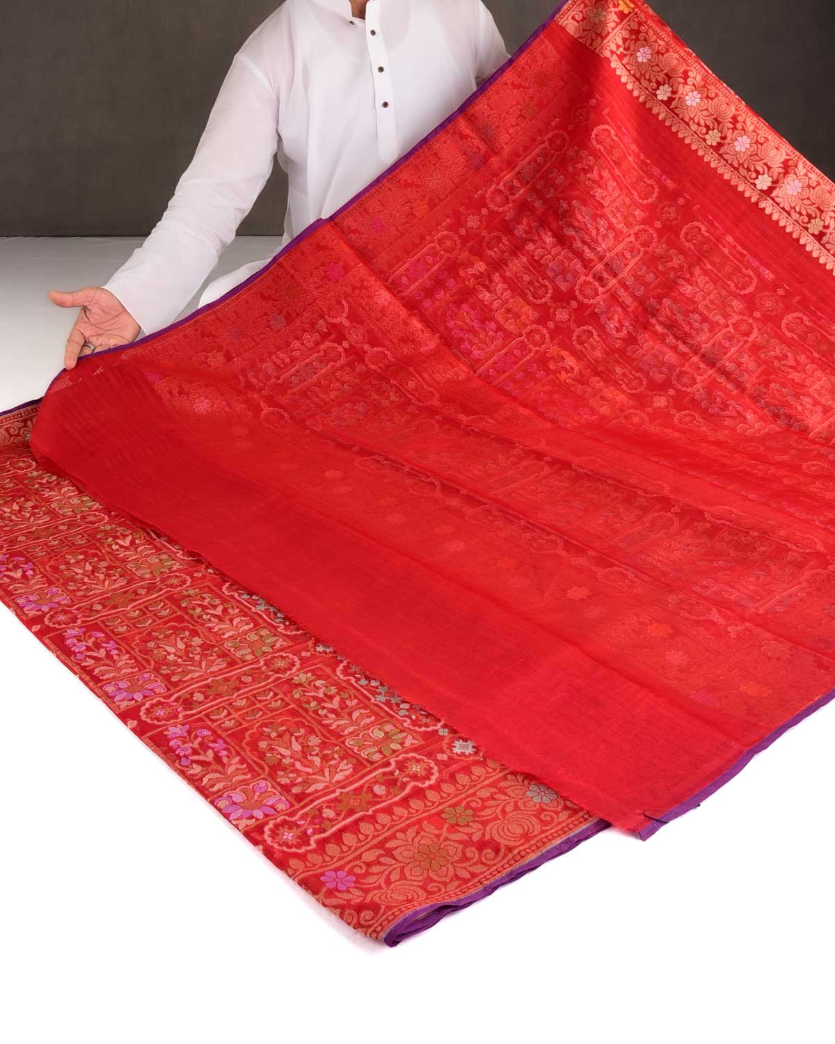 Red Gold & Silver Zari & Meenekari Cutwork Brocade Handwoven Kora Silk Banarasi Saree-HolyWeaves