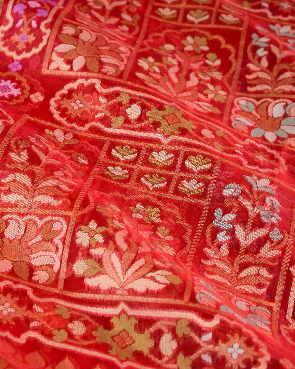 Red Gold & Silver Zari & Meenekari Cutwork Brocade Handwoven Kora Silk Banarasi Saree-HolyWeaves