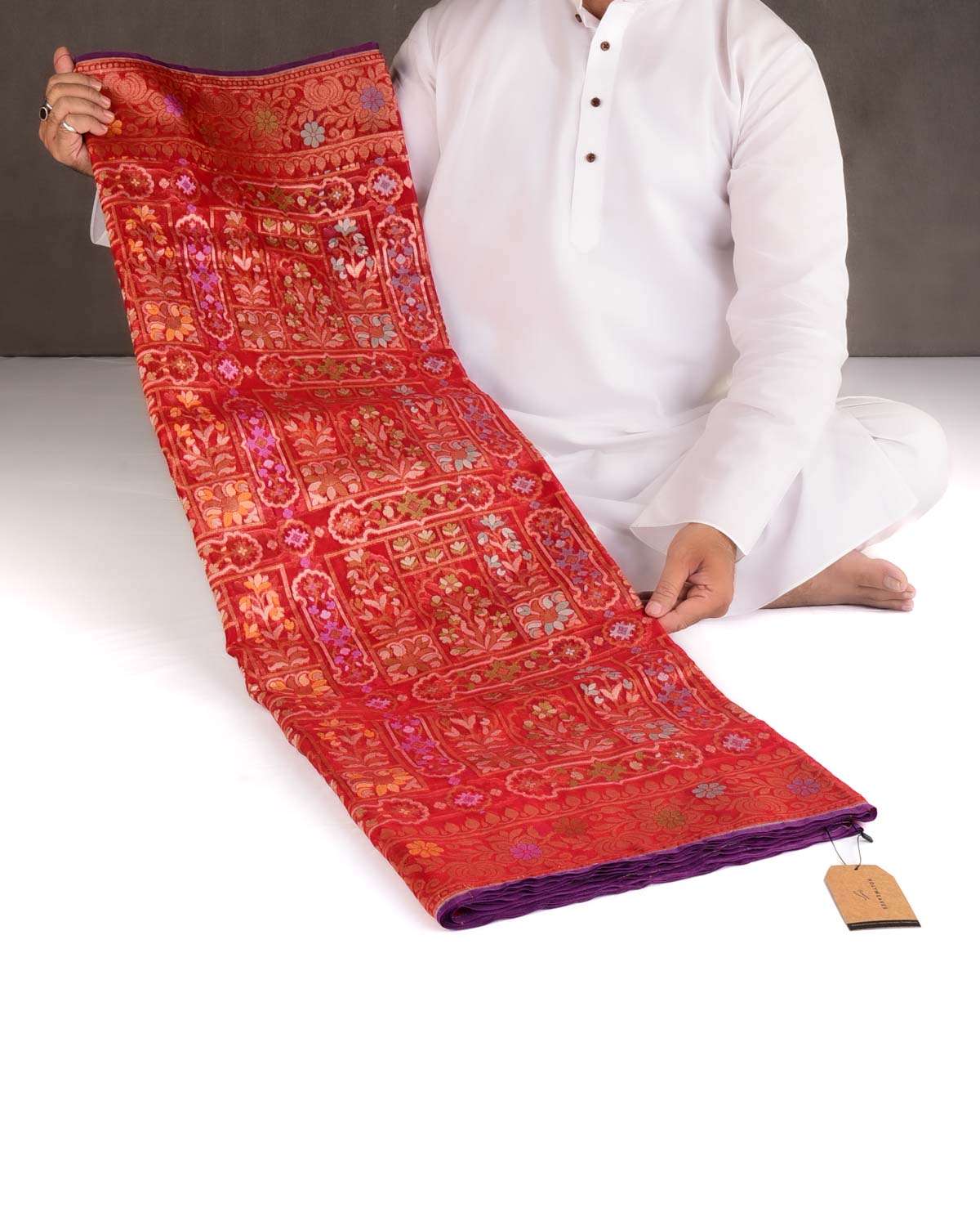 Red Gold & Silver Zari & Meenekari Cutwork Brocade Handwoven Kora Silk Banarasi Saree-HolyWeaves