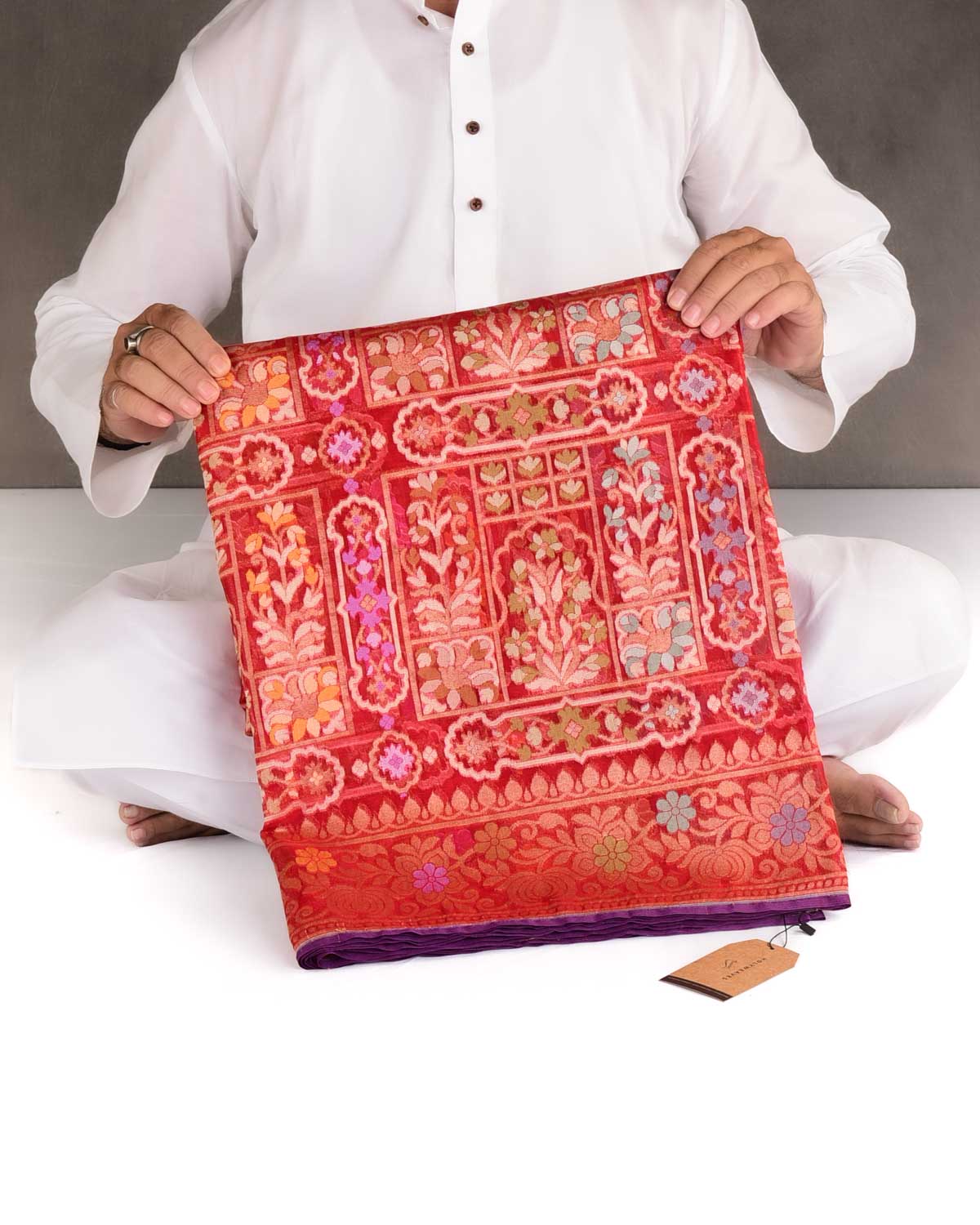 Red Gold & Silver Zari & Meenekari Cutwork Brocade Handwoven Kora Silk Banarasi Saree-HolyWeaves