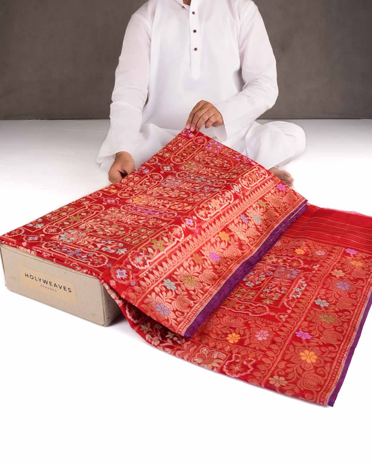 Red Gold & Silver Zari & Meenekari Cutwork Brocade Handwoven Kora Silk Banarasi Saree-HolyWeaves