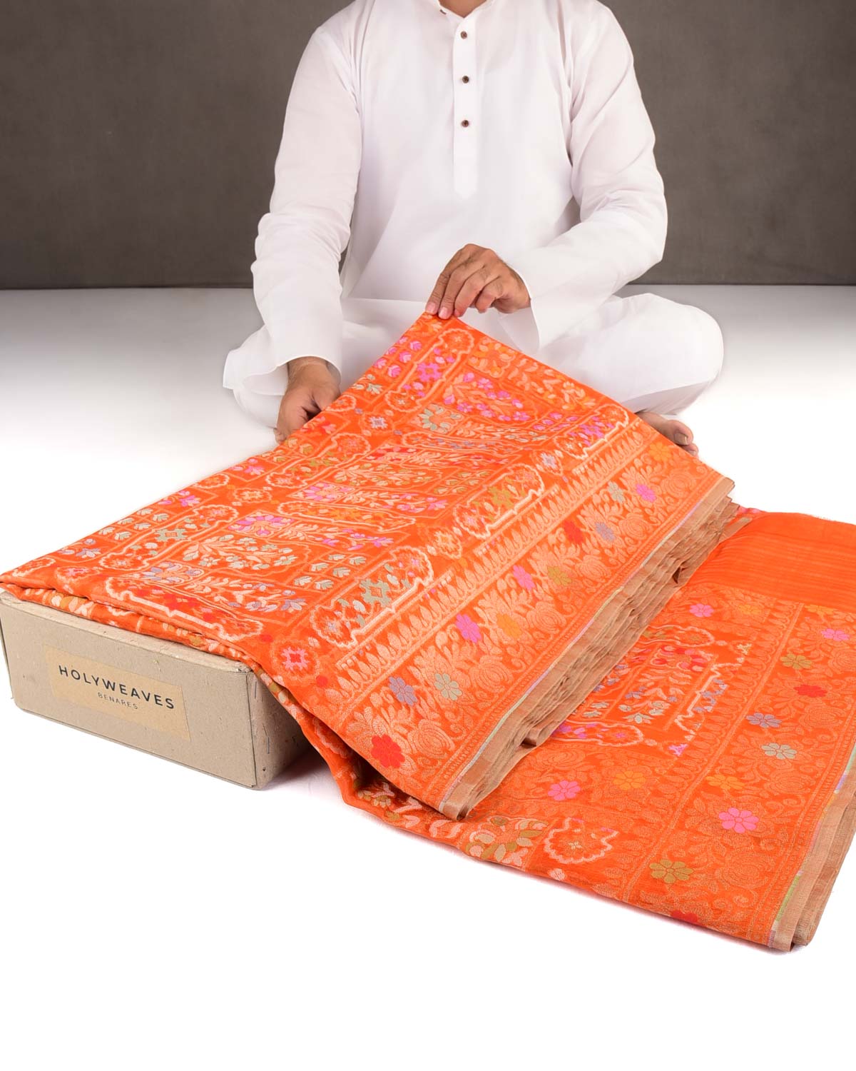 Orange Gold & Silver Zari and Resham Meenekari Cutwork Brocade Handwoven Kora Silk Banarasi Saree-HolyWeaves