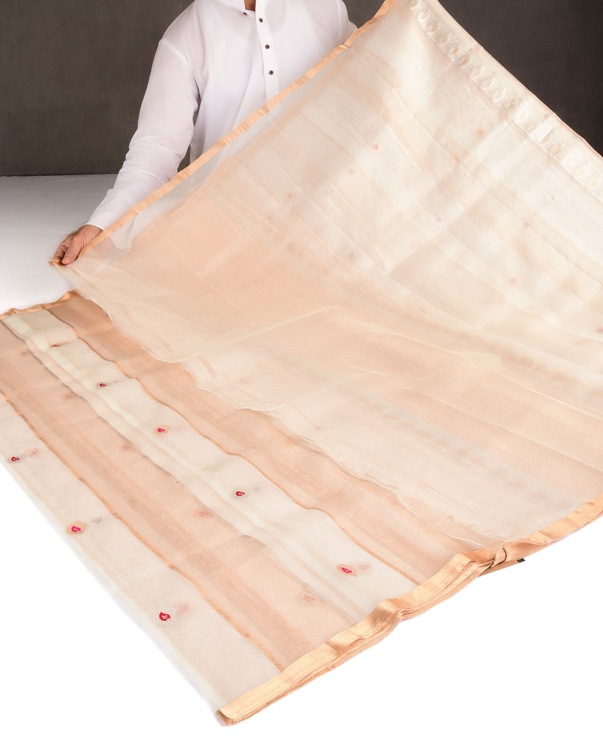Metallic Ivory White Gold & Silver Zari Striped Meenekari Buti Kadhuan Brocade Handwoven Kora Tissue Banarasi Saree-HolyWeaves