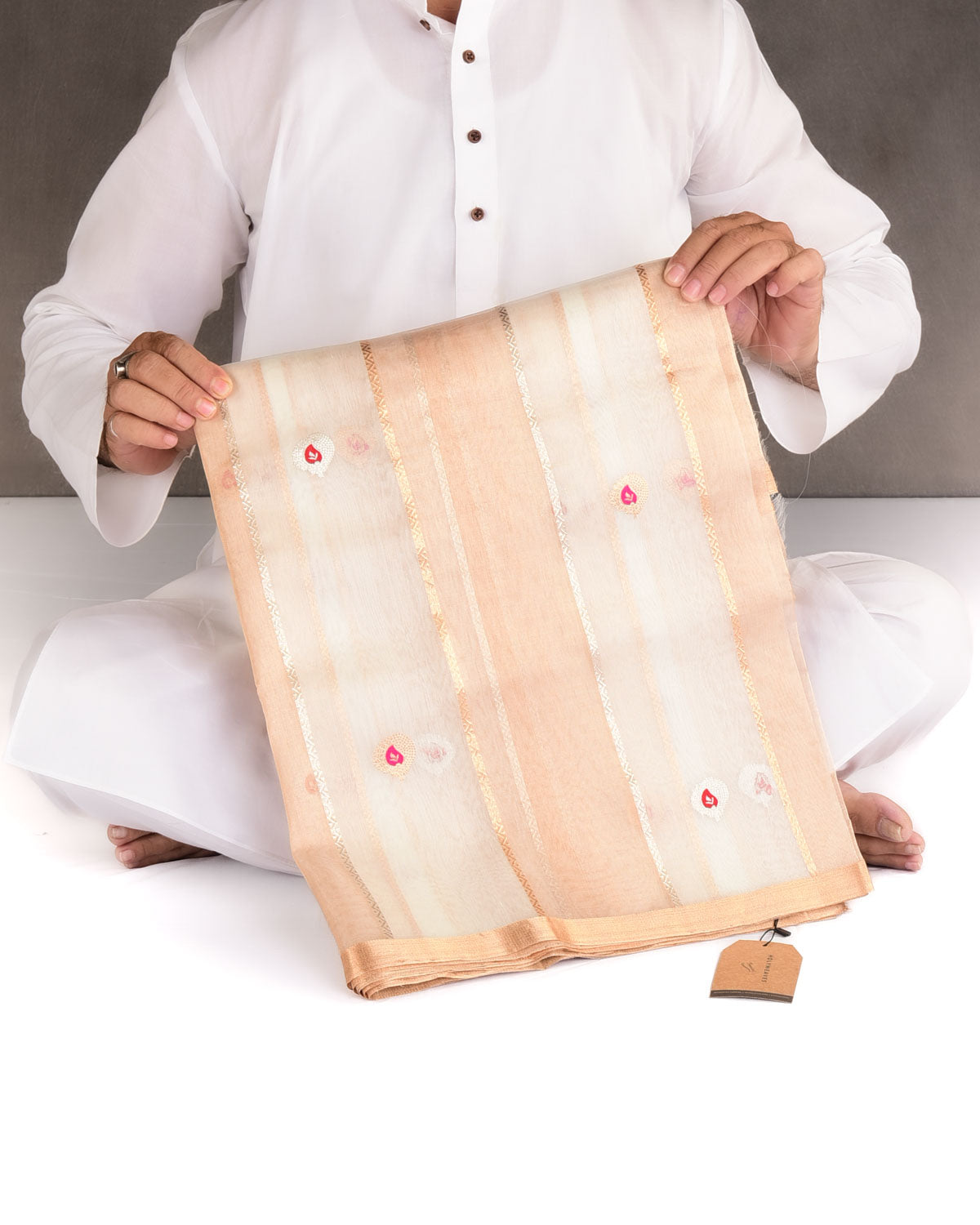 Metallic Ivory White Gold & Silver Zari Striped Meenekari Buti Kadhuan Brocade Handwoven Kora Tissue Banarasi Saree-HolyWeaves