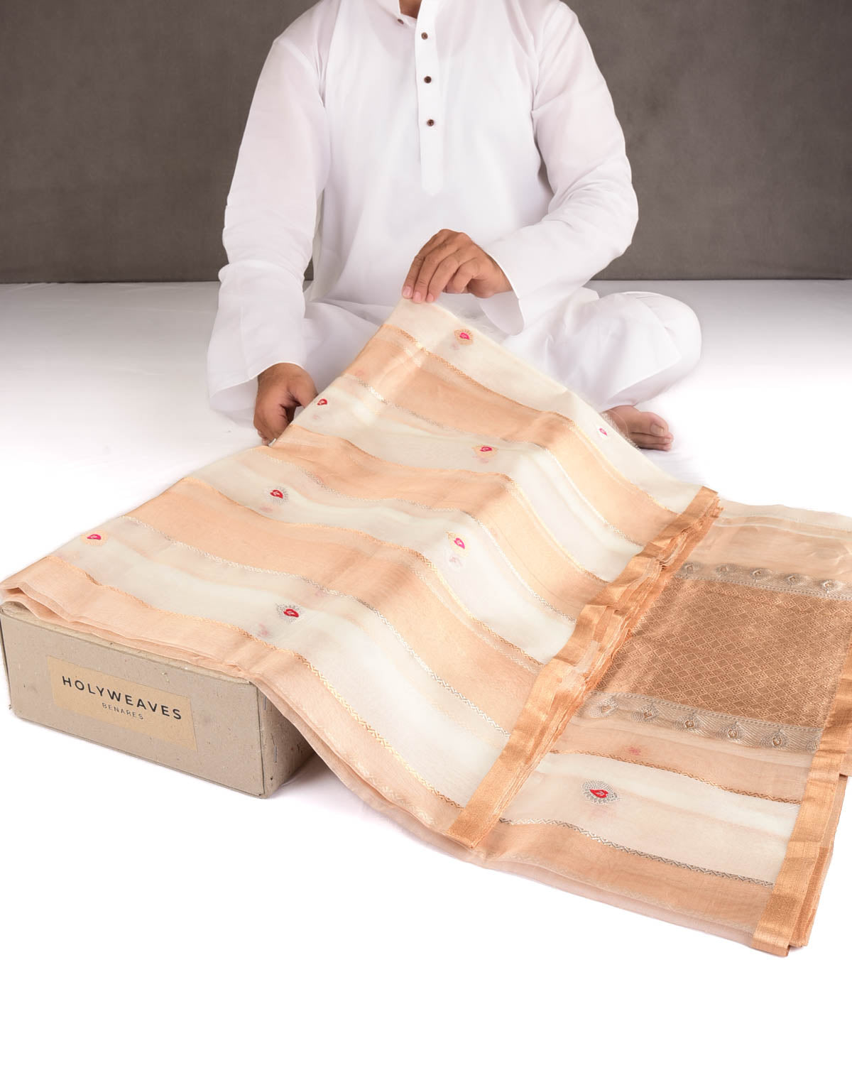 Metallic Ivory White Gold & Silver Zari Striped Meenekari Buti Kadhuan Brocade Handwoven Kora Tissue Banarasi Saree-HolyWeaves