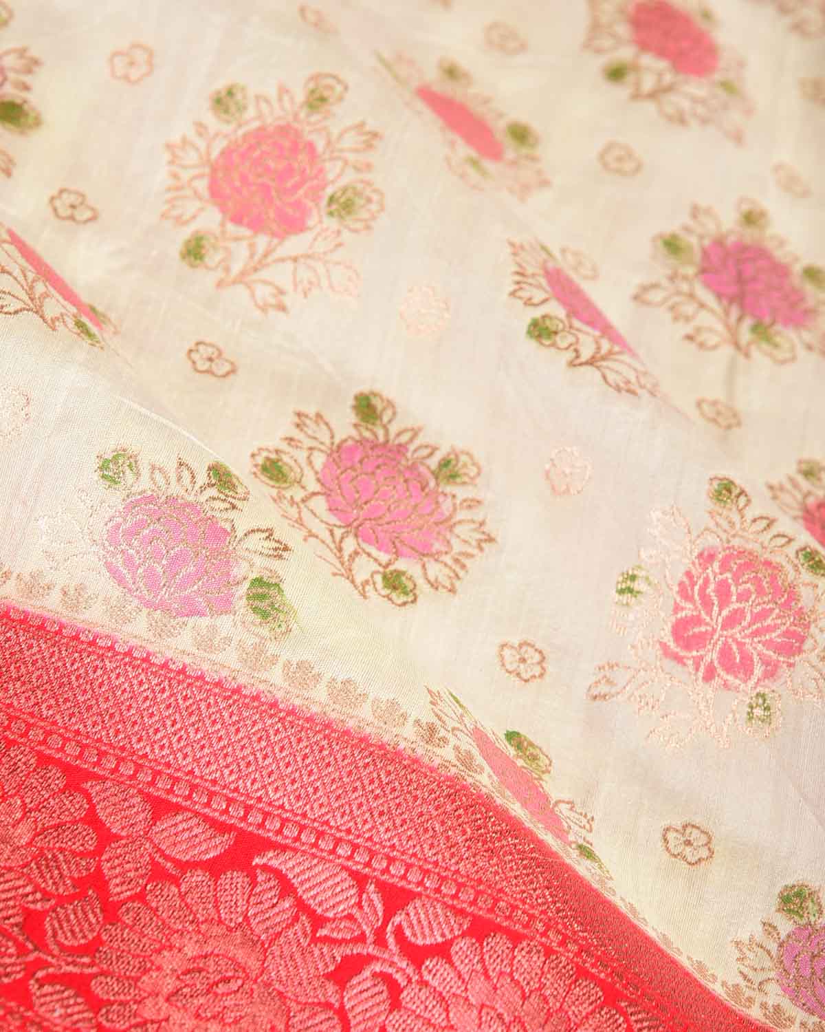 Cream Floral Buta Hand Brush Dye Cutwork Brocade Woven Spun Silk Banarasi Saree