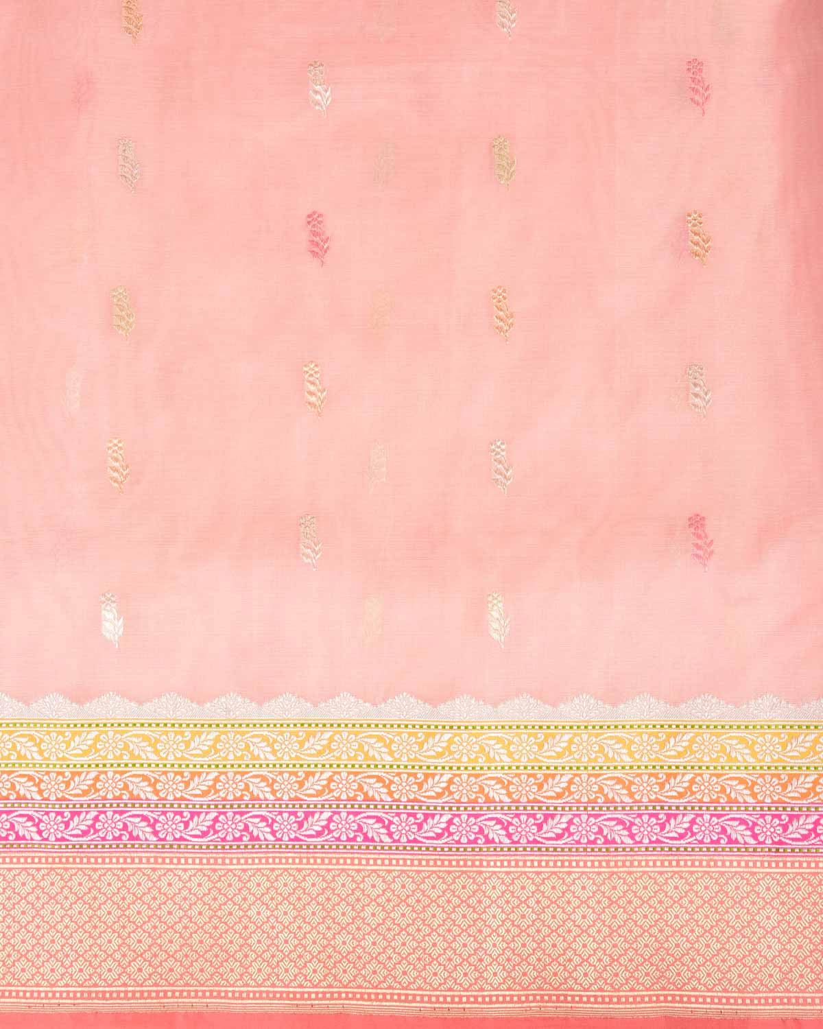 Peach Gold Zari & Resham Buti Kadhuan Brocade Handwoven Kora Silk Banarasi Saree