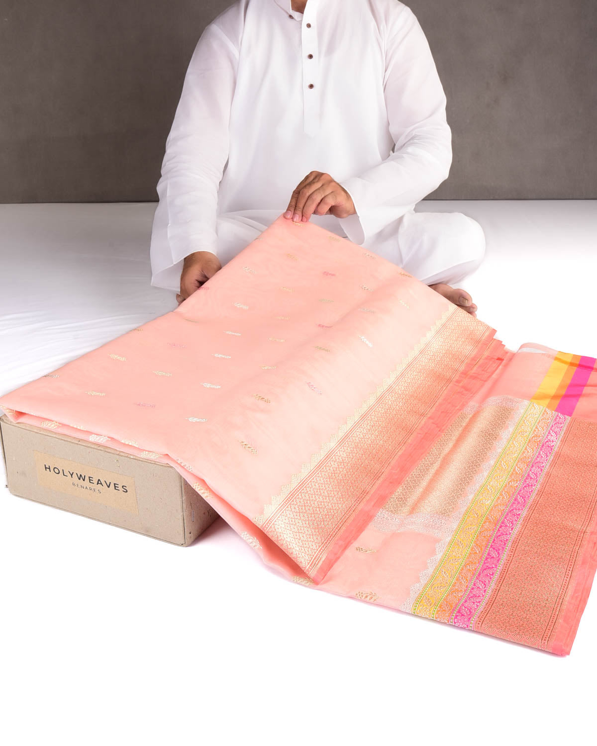 Peach Gold Zari & Resham Buti Kadhuan Brocade Handwoven Kora Silk Banarasi Saree