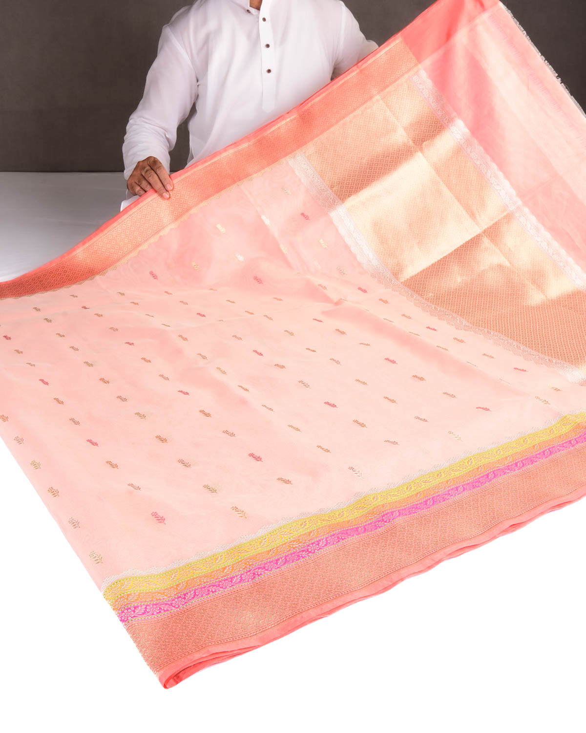 Peach Gold Zari & Resham Buti Kadhuan Brocade Handwoven Kora Silk Banarasi Saree