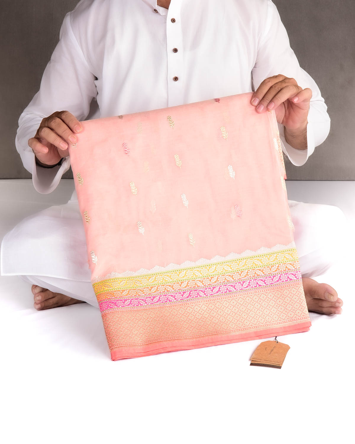 Peach Gold Zari & Resham Buti Kadhuan Brocade Handwoven Kora Silk Banarasi Saree