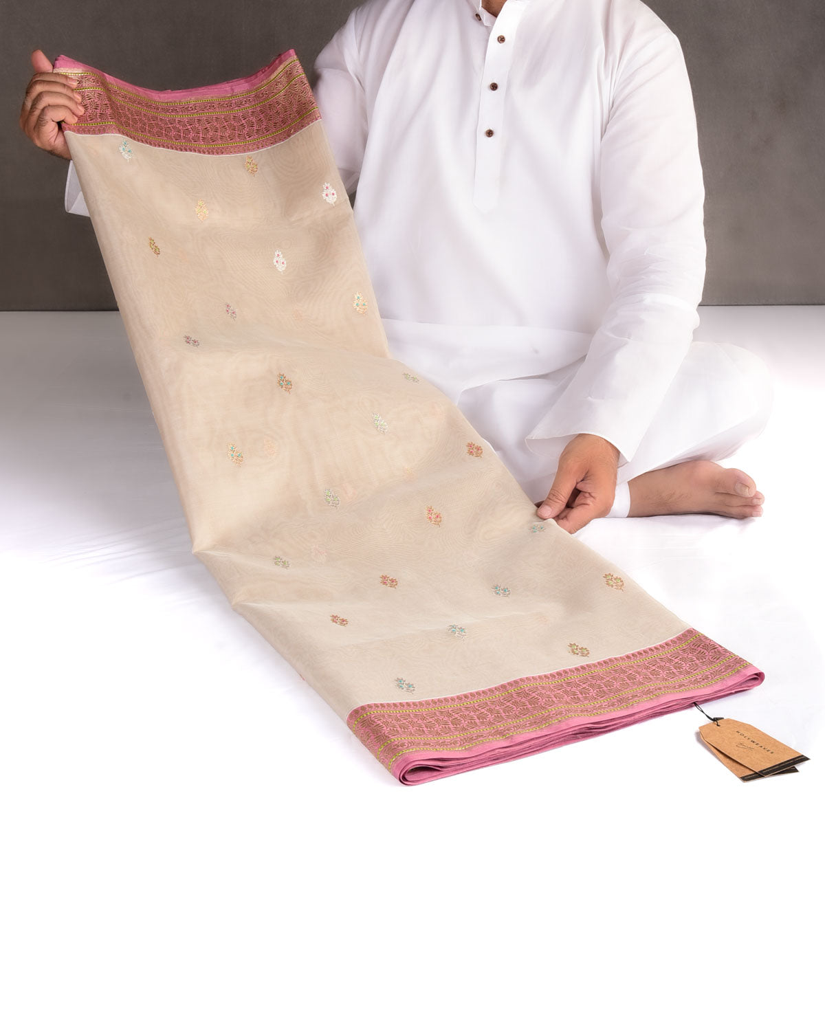 Beige Gold & Silver Zari & Resham Buti Kadhuan Brocade Handwoven Kora Silk Banarasi Saree