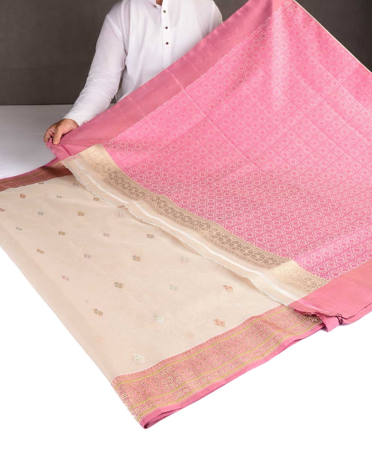 Beige Gold & Silver Zari & Resham Buti Kadhuan Brocade Handwoven Kora Silk Banarasi Saree