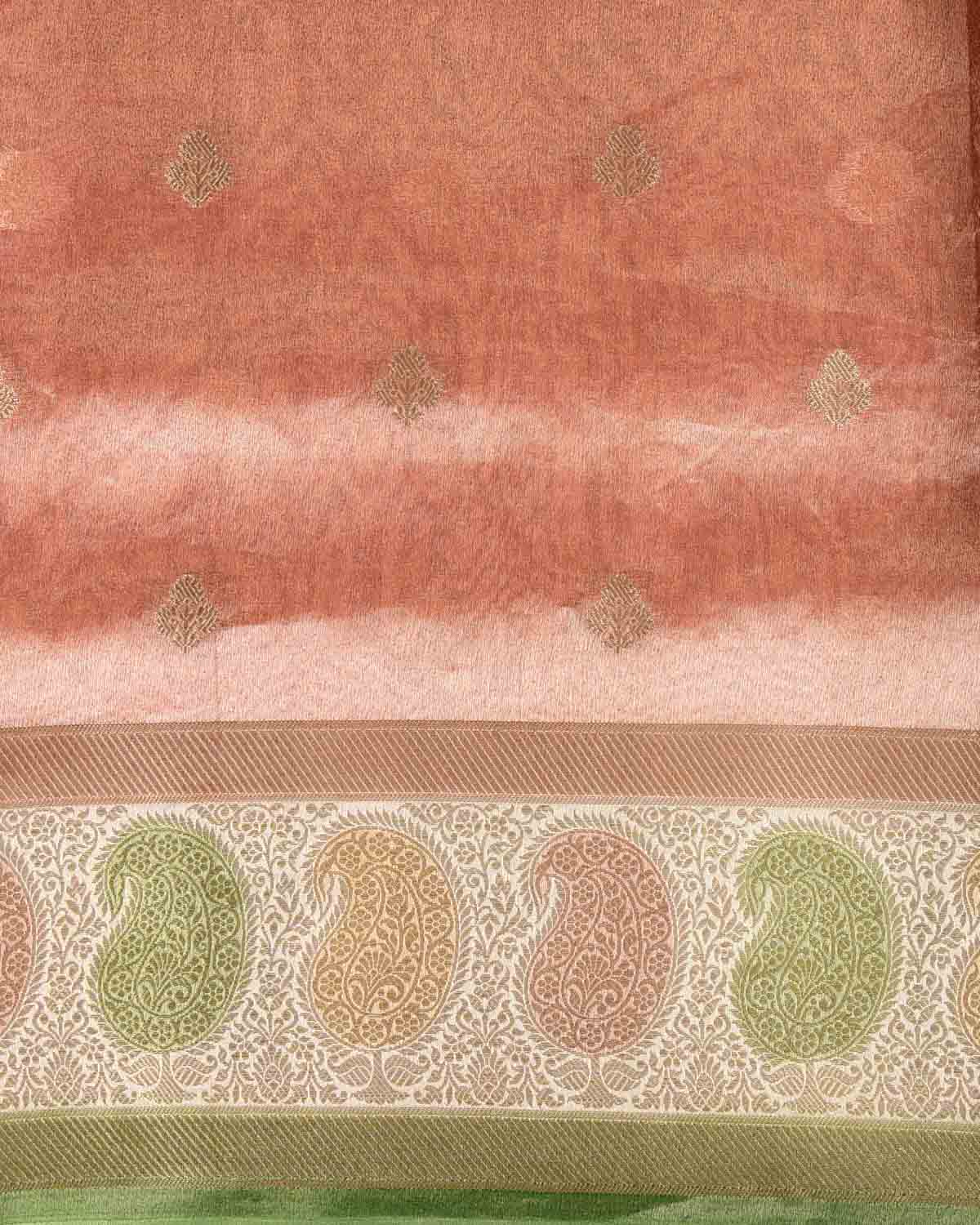 Metallic Ombre Beige Maroon Hand Brush Dye Paisley Border Cutwork Brocade Woven Kora Tissue Banarasi Saree