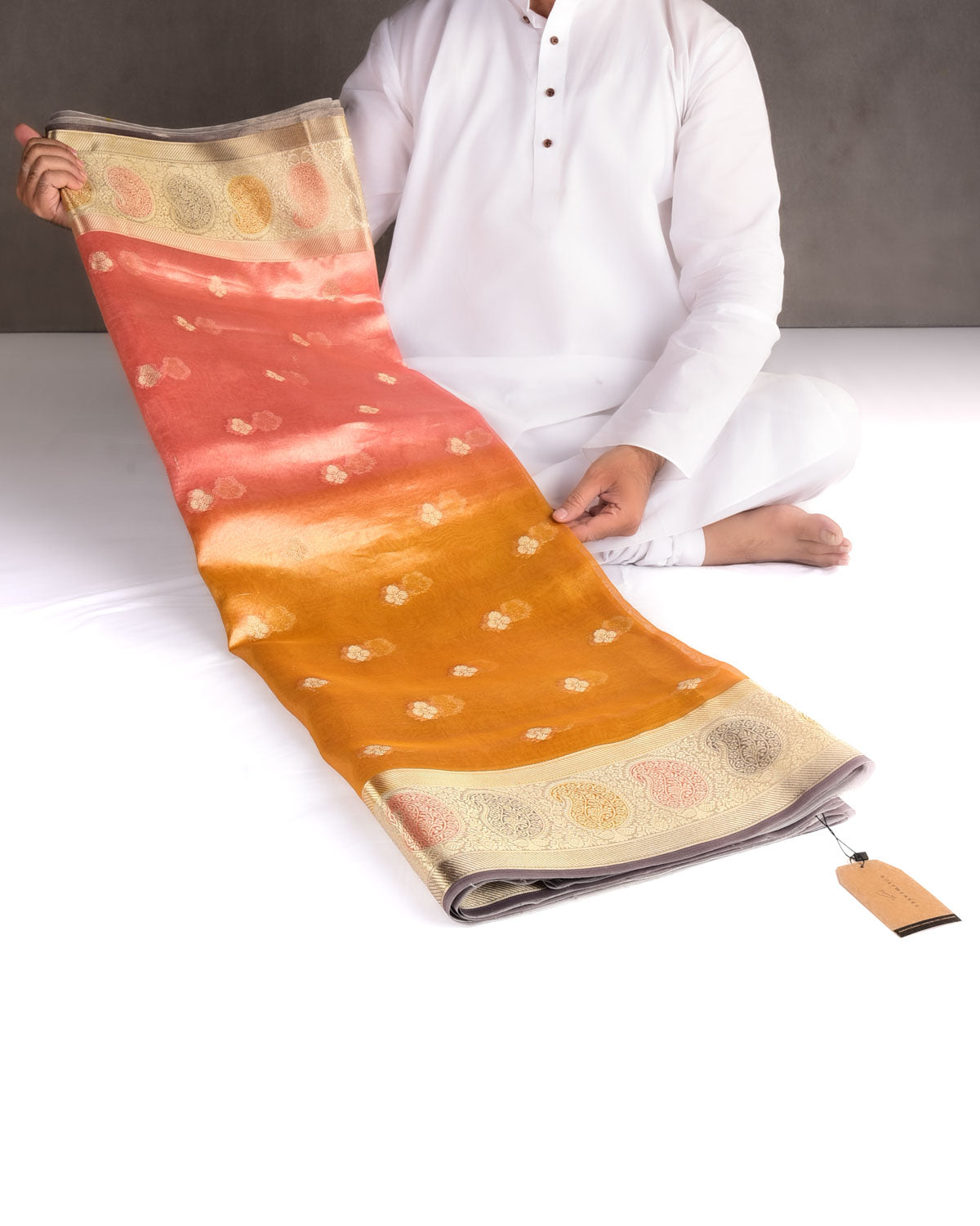 Metallic Ombre Pink-Yellow Hand Brush Dye Paisley Border Cutwork Brocade Woven Kora Tissue Banarasi Saree