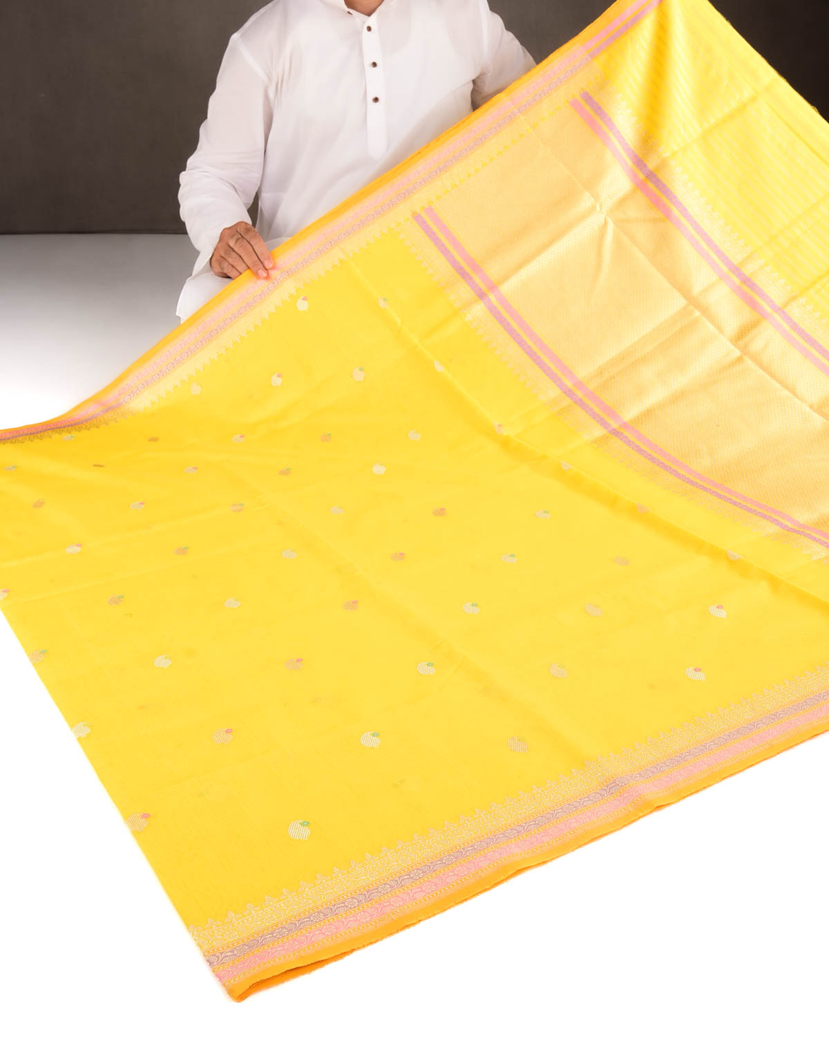Tuscany Yellow Gold & Silver Zari & Resham Kairy Buti Kadhuan Brocade Handwoven Cotton Silk Banarasi Saree