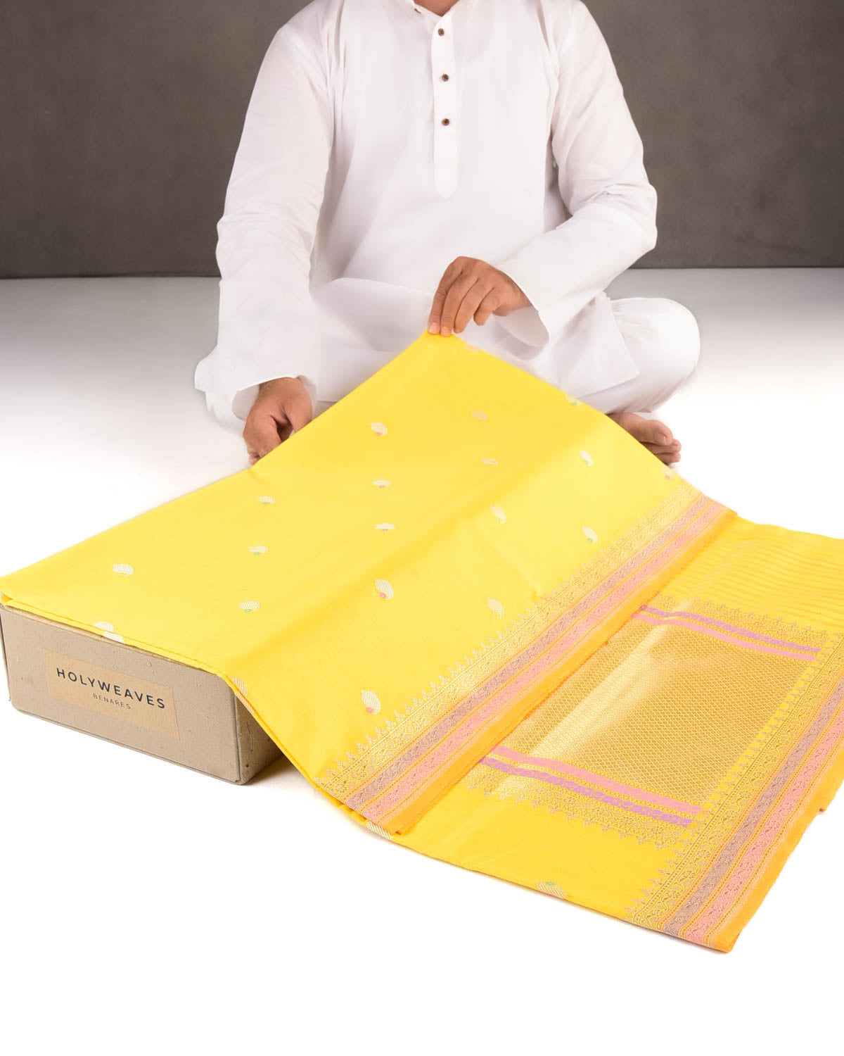 Tuscany Yellow Gold & Silver Zari & Resham Kairy Buti Kadhuan Brocade Handwoven Cotton Silk Banarasi Saree