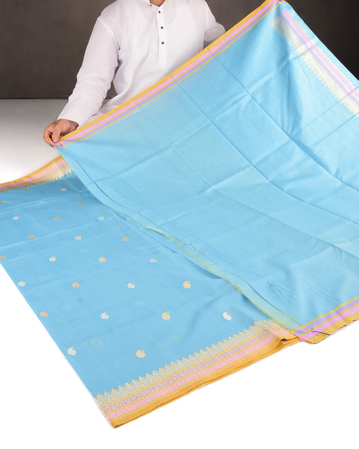Sky Blue Gold & Silver Zari & Resham Kairy Buti Kadhuan Brocade Handwoven Cotton Silk Banarasi Saree