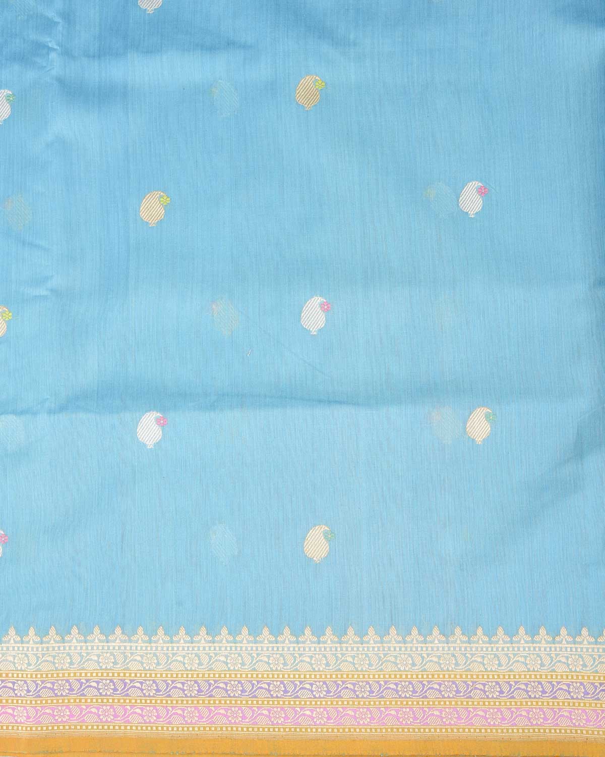 Sky Blue Gold & Silver Zari & Resham Kairy Buti Kadhuan Brocade Handwoven Cotton Silk Banarasi Saree