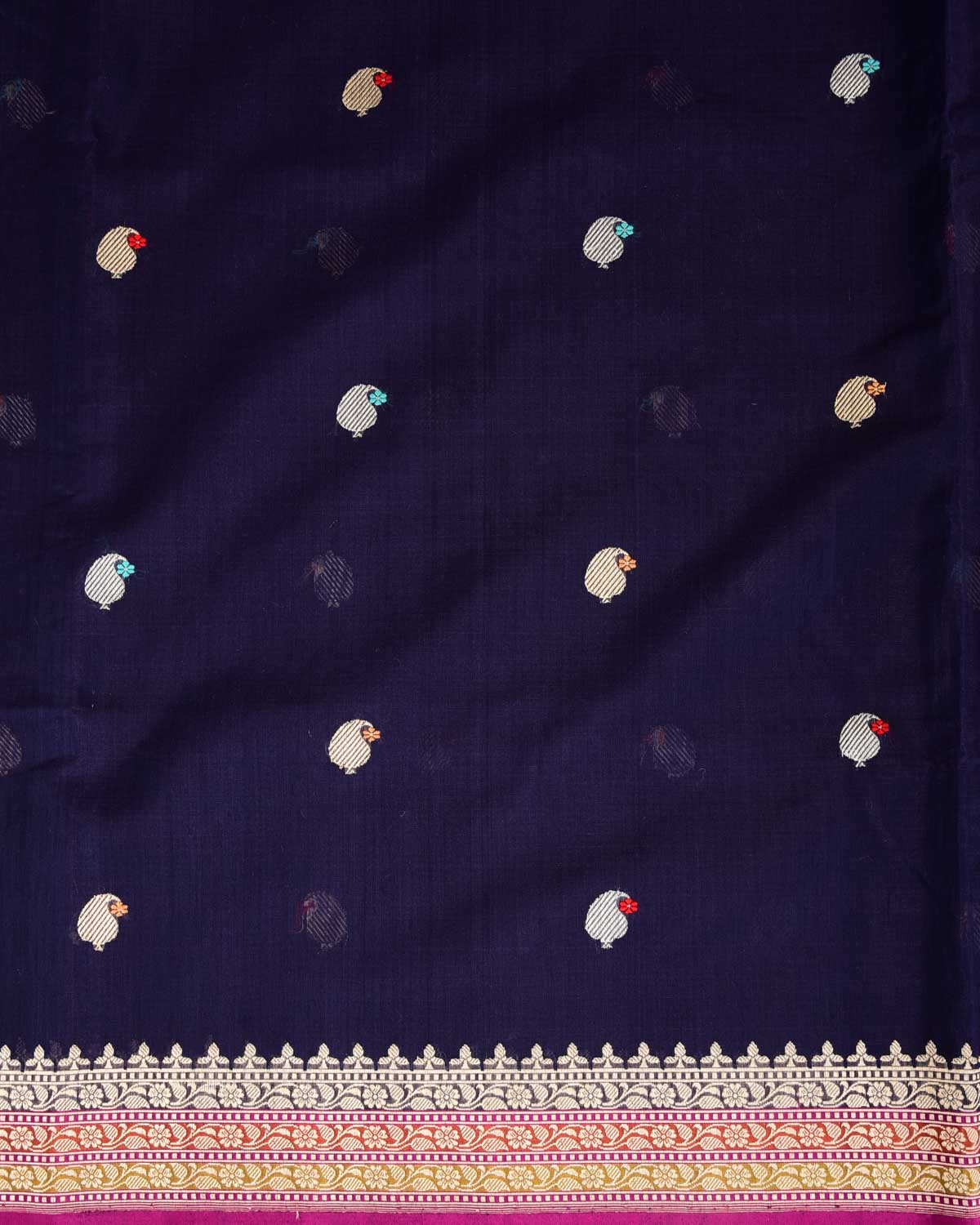 Navy Blue Gold & Silver Zari & Resham Kairy Buti Kadhuan Brocade Handwoven Cotton Silk Banarasi Saree