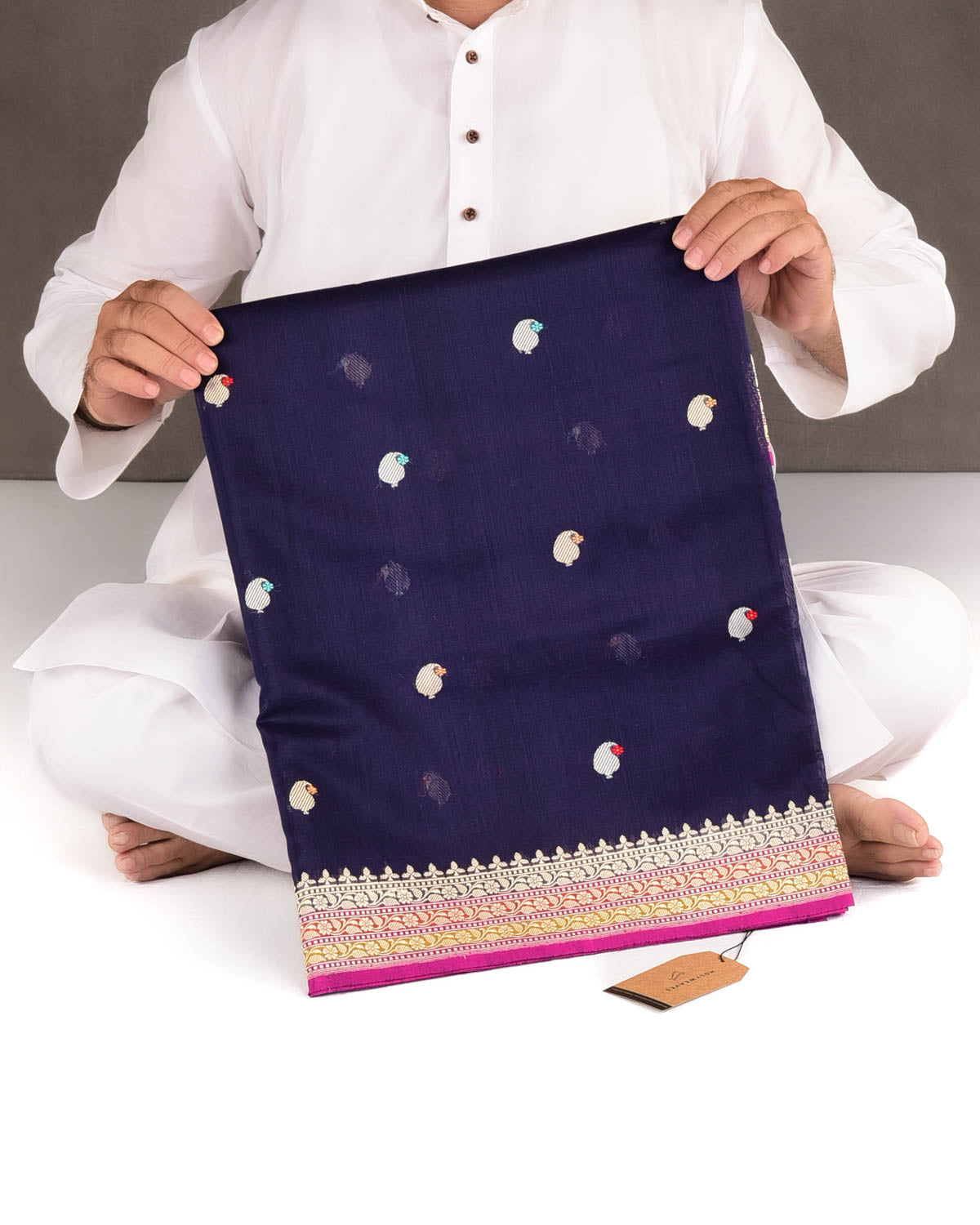 Navy Blue Gold & Silver Zari & Resham Kairy Buti Kadhuan Brocade Handwoven Cotton Silk Banarasi Saree